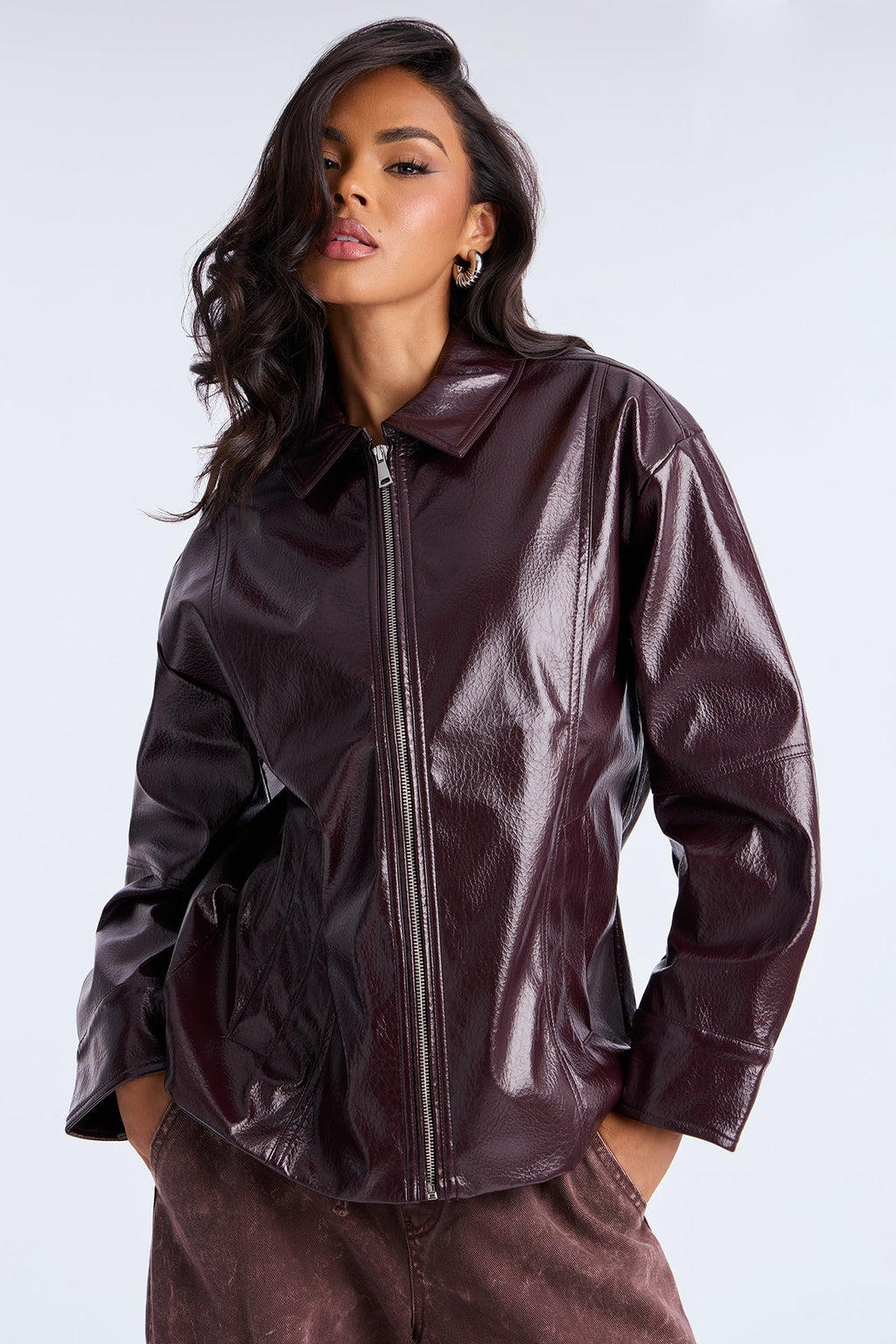 Quinn Faux Leather Oversized Trucker Jacket - Burgundy