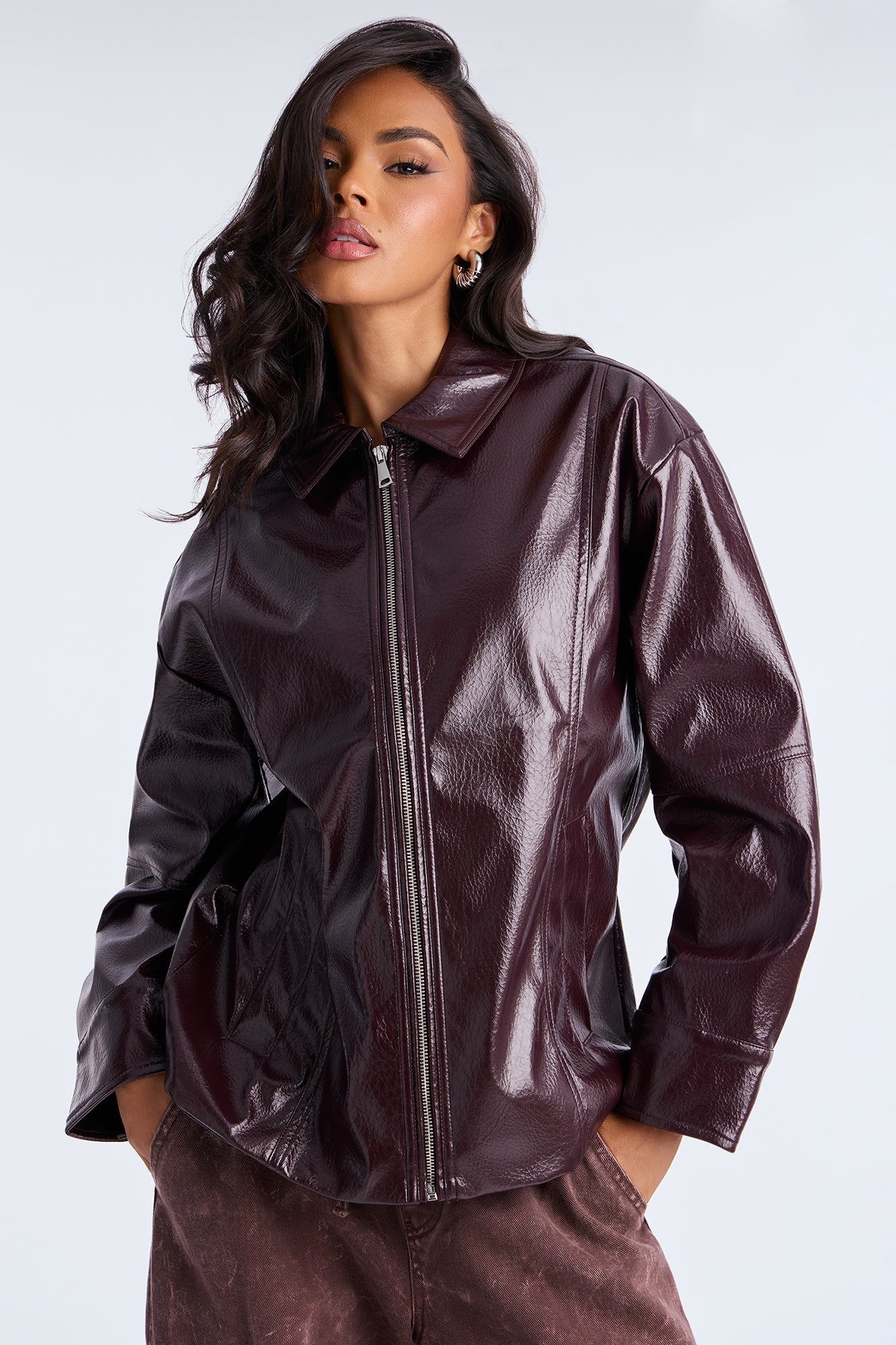 Quinn Faux Leather Oversized Trucker Jacket - Burgundy