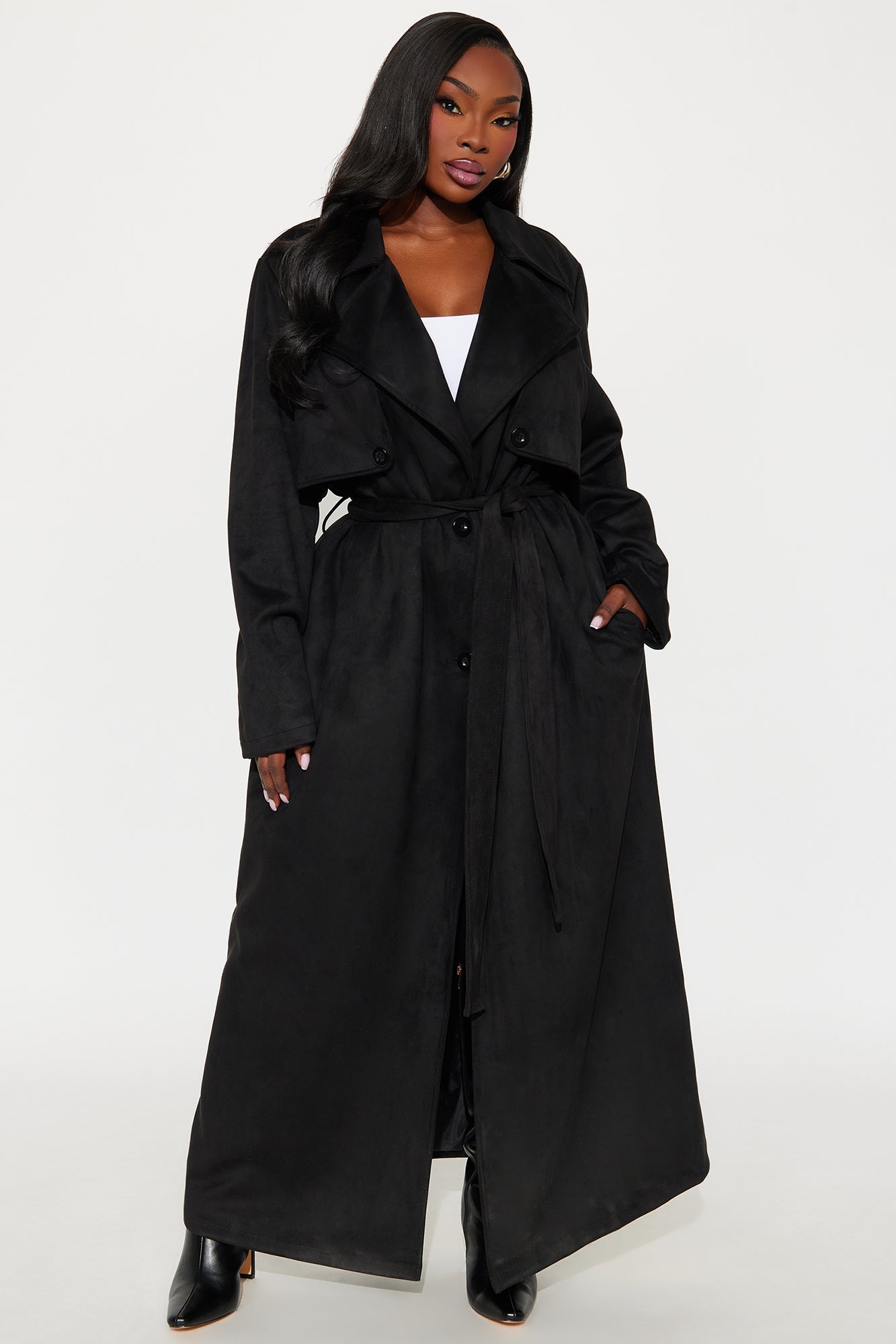 Topic of Conversation Faux Suede Trench Coat - Black