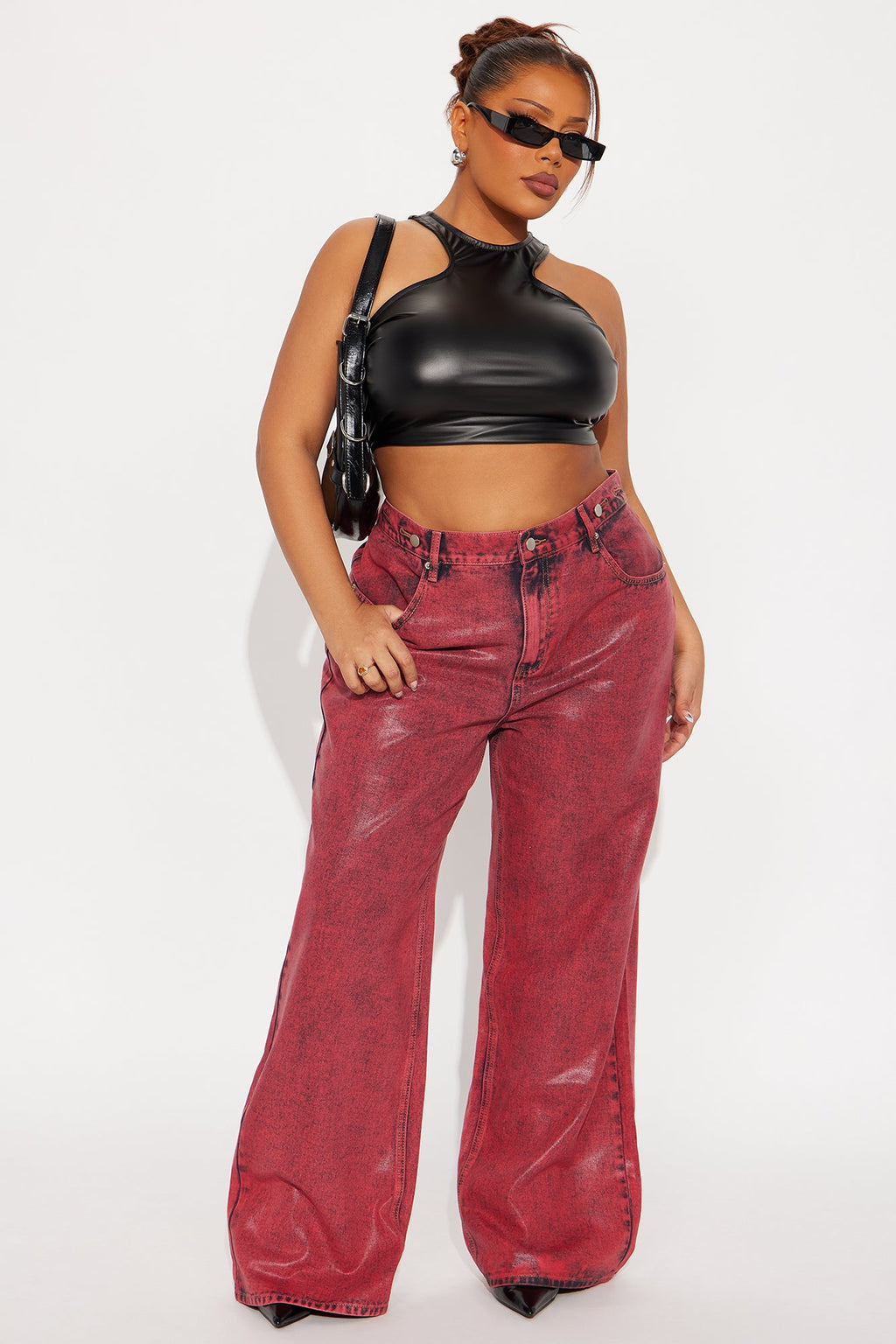 Red Hot Coated Wide Leg Jeans - Red