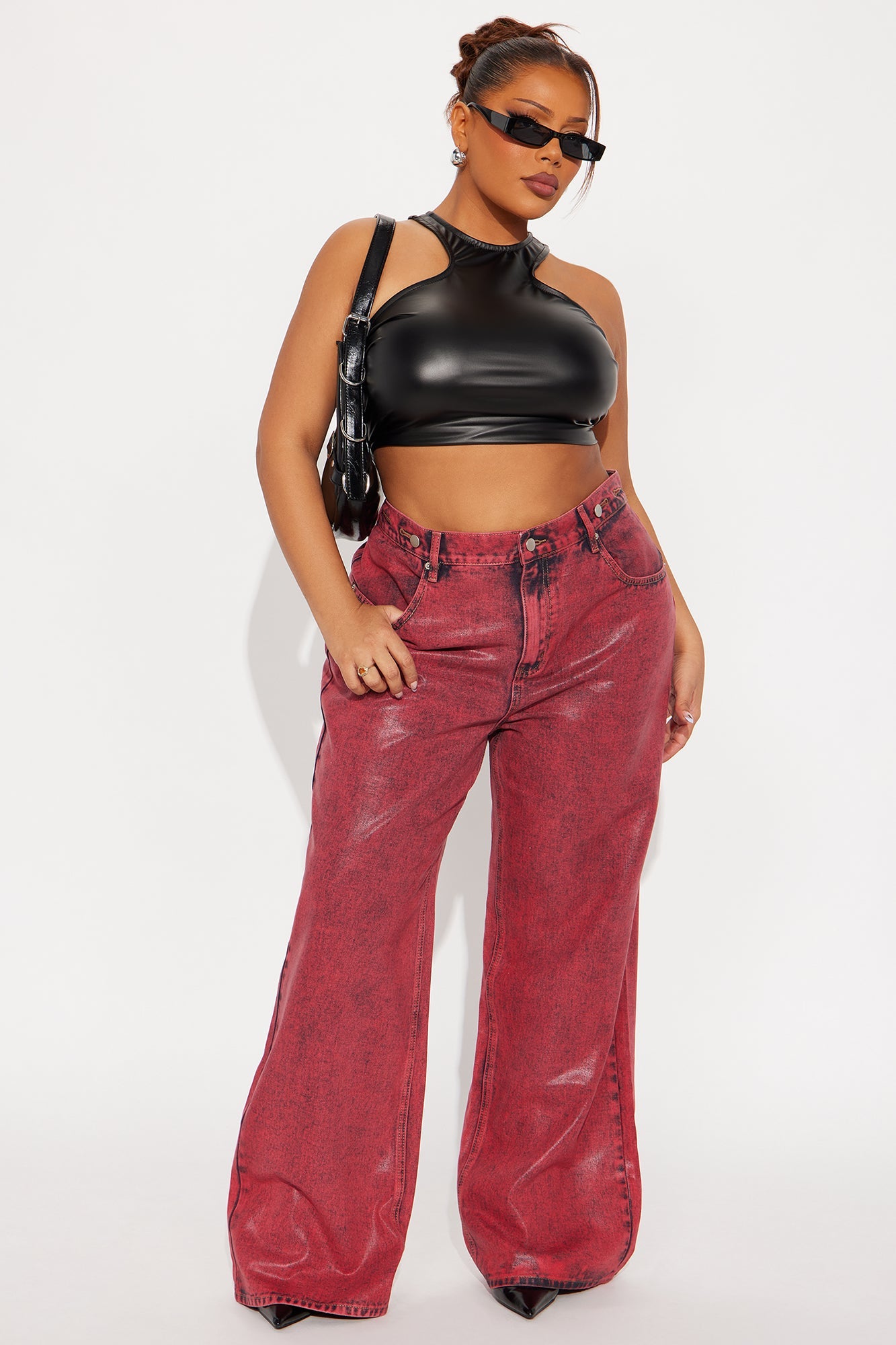 Red Hot Coated Wide Leg Jeans - Red