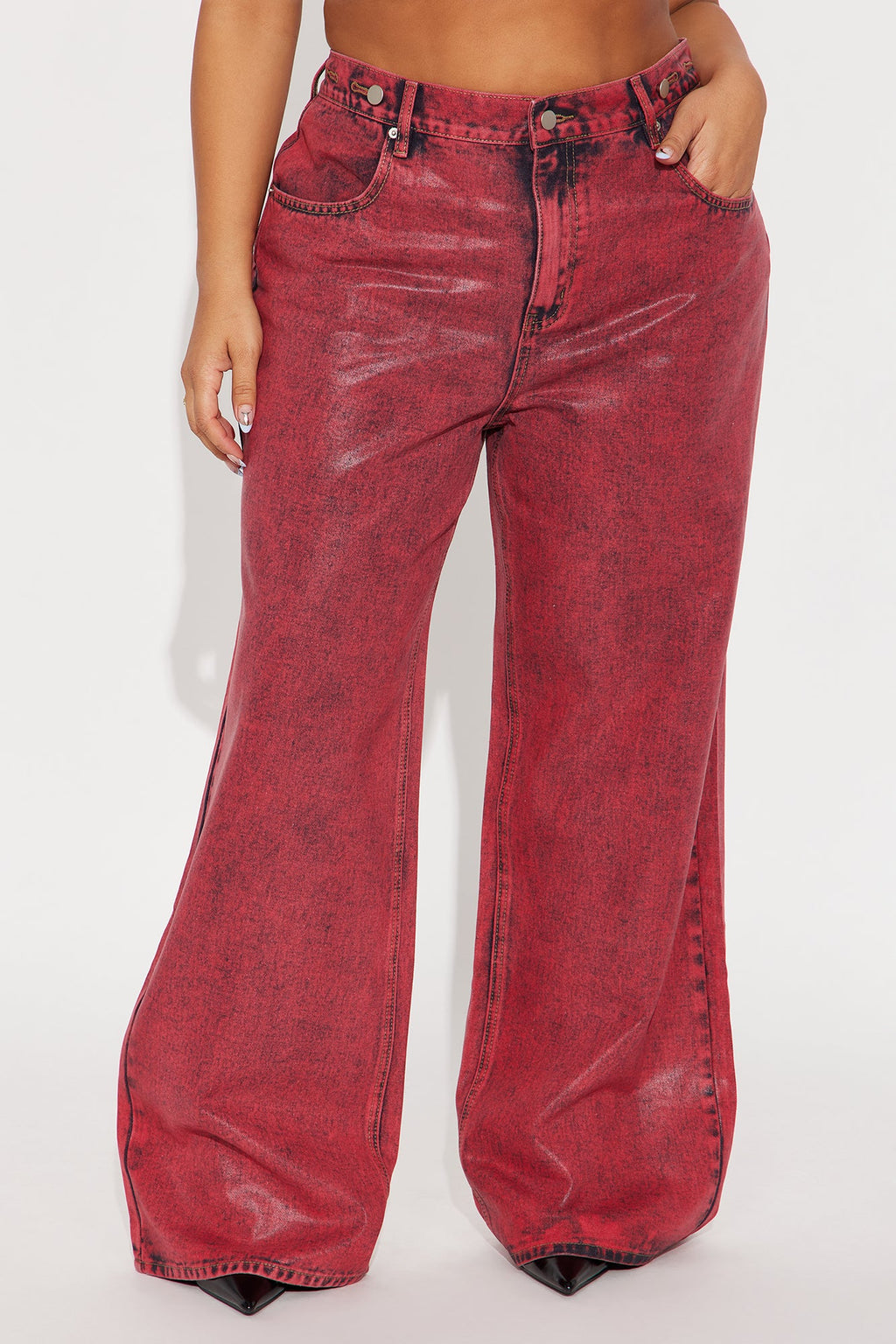 Red Hot Coated Wide Leg Jeans - Red