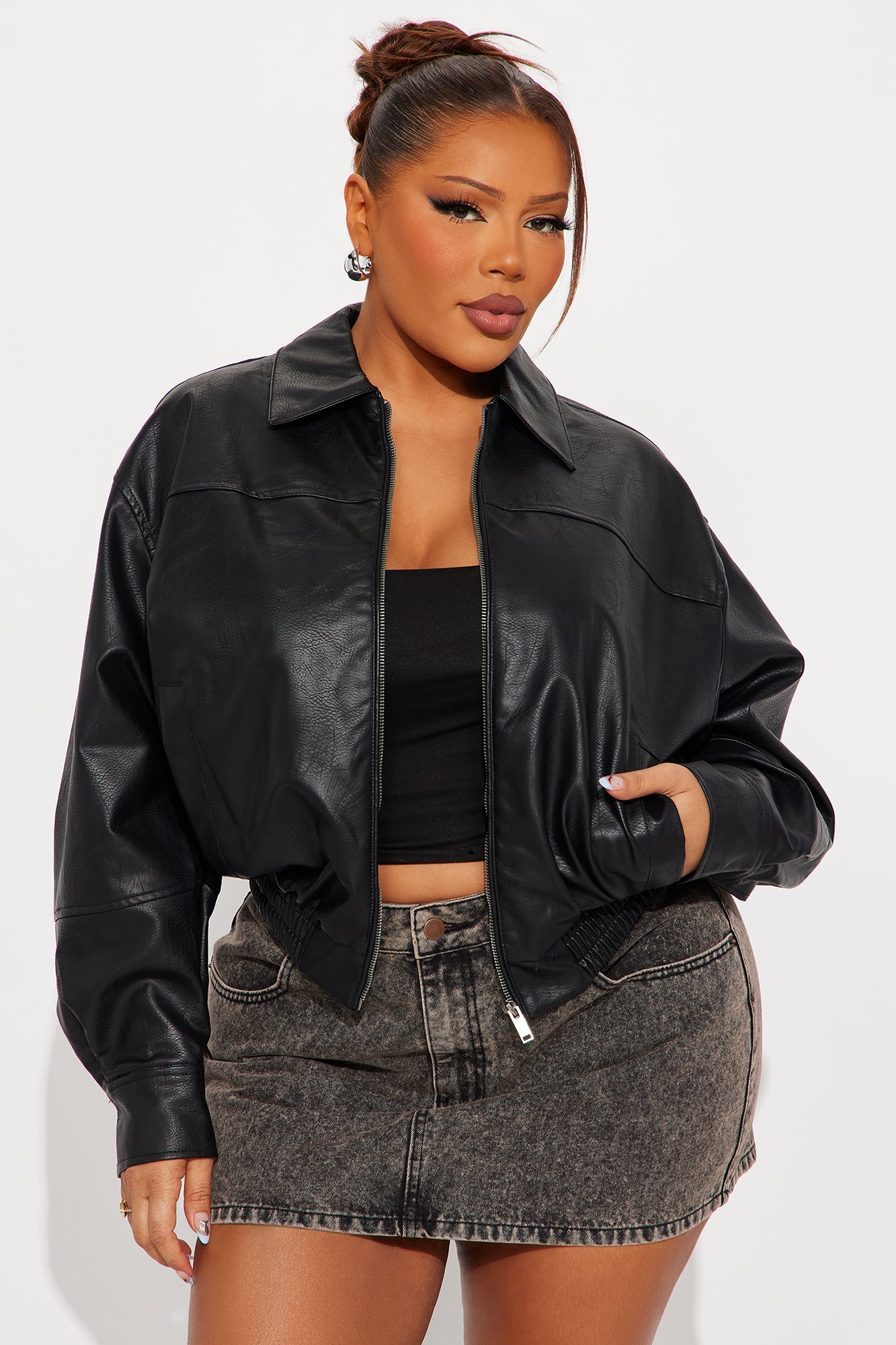 Downtowner Faux Leather Bomber Jacket - Black