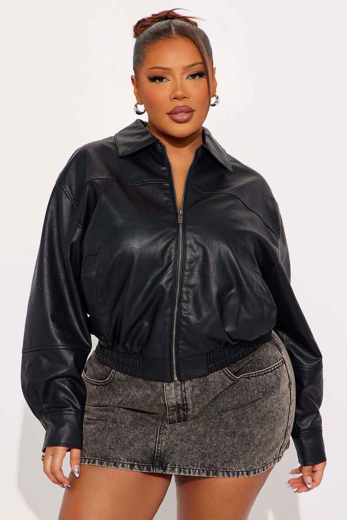 Downtowner Faux Leather Bomber Jacket - Black