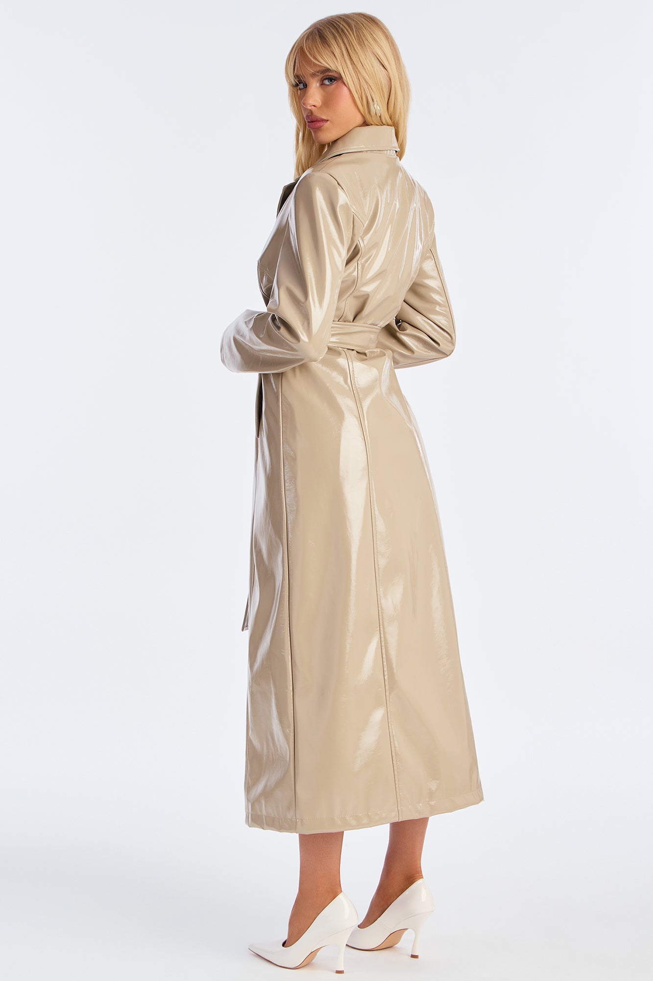 Hold My Own Faux Patent Leather Coat - Taupe