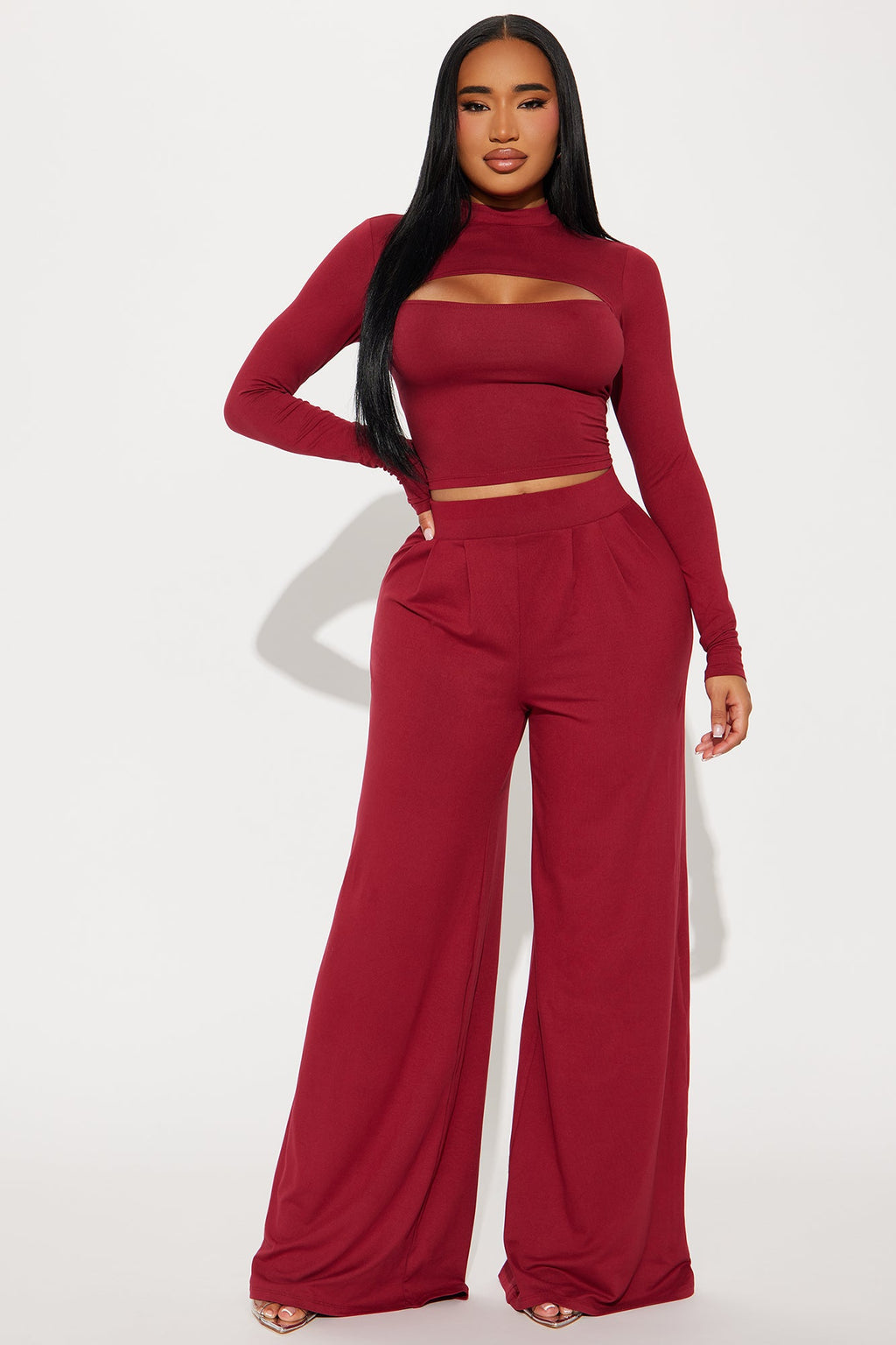 Choosing You Wide Leg Pant Set - Burgundy