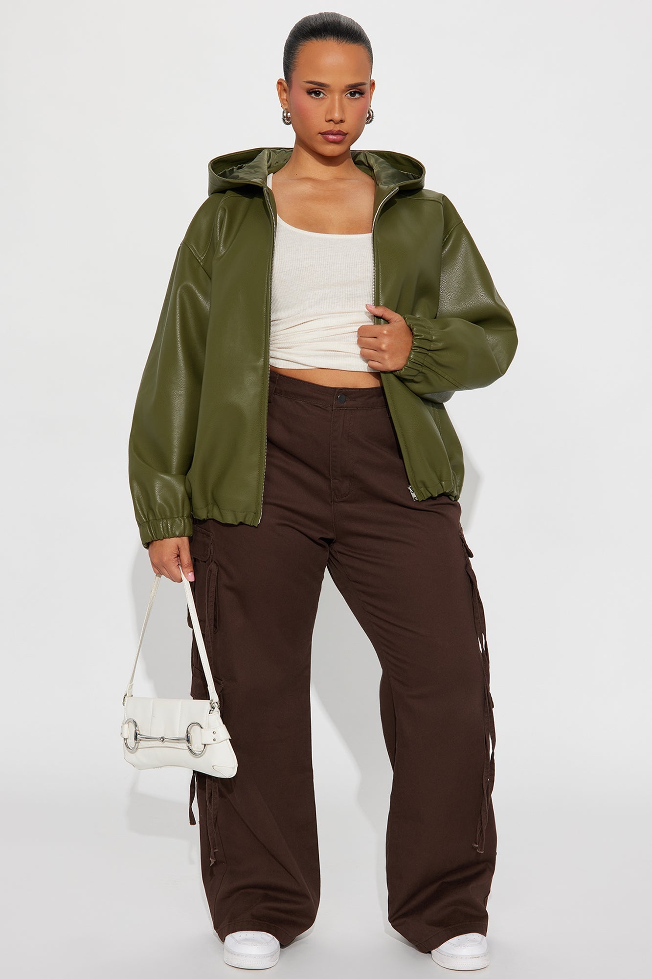 The Hottest Topic Faux Leather Oversized Bomber Jacket - Dark Olive