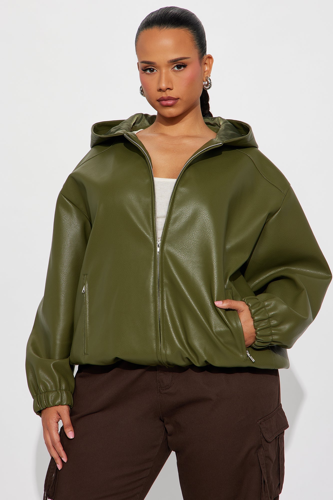 The Hottest Topic Faux Leather Oversized Bomber Jacket - Dark Olive