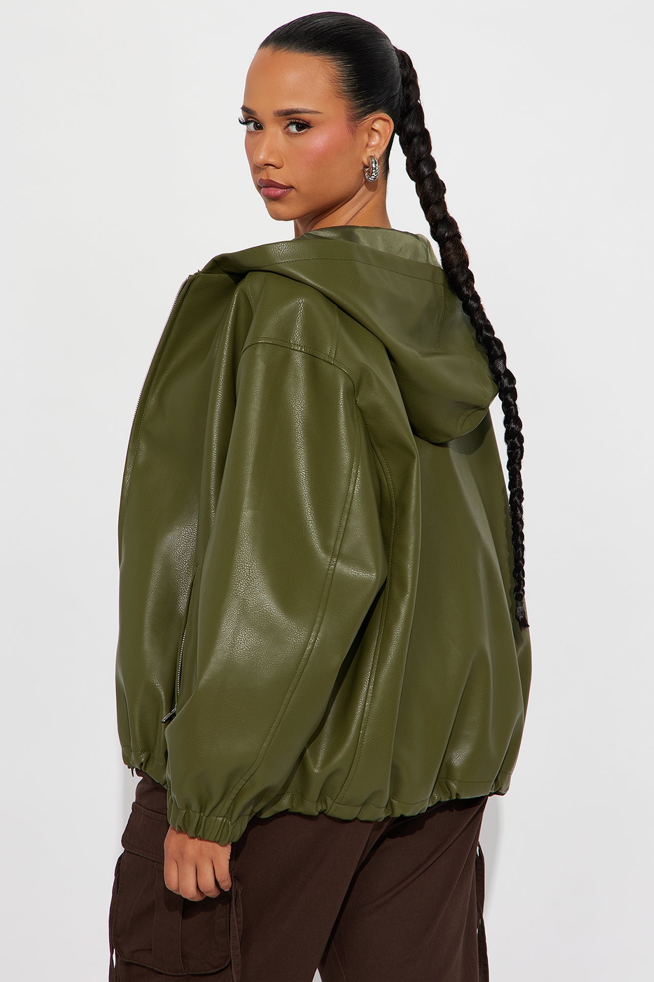 The Hottest Topic Faux Leather Oversized Bomber Jacket - Dark Olive