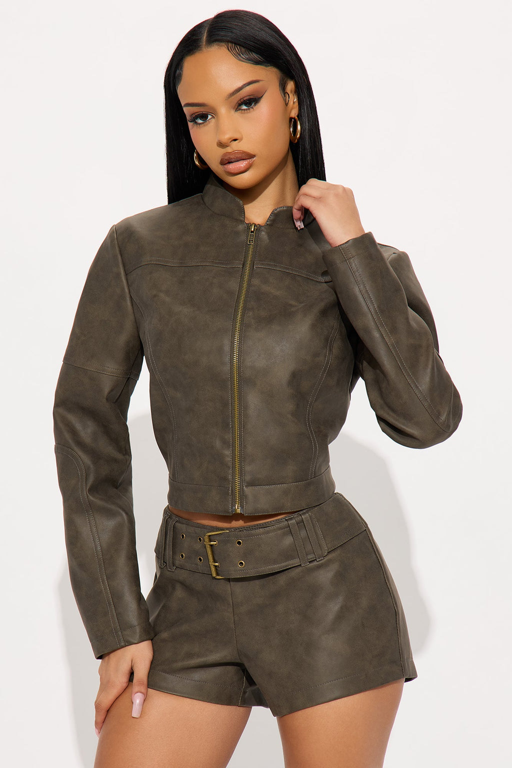 Simone Washed Faux Leather Jacket - Olive
