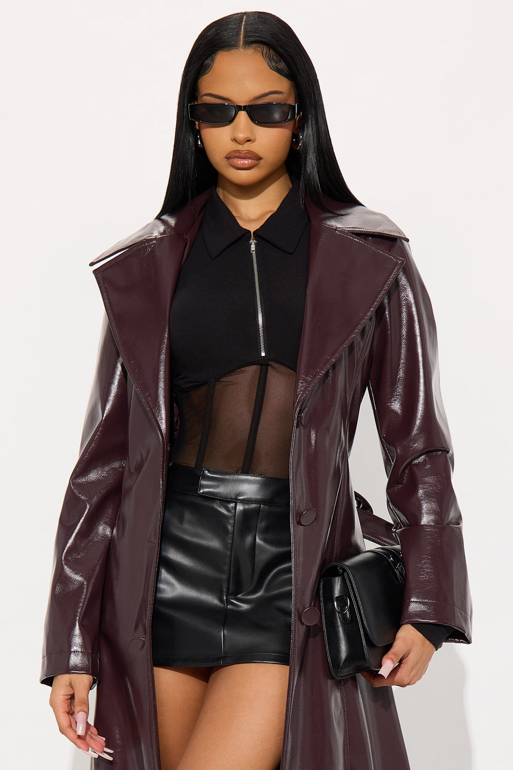 Kelis Faux Leather Trench Coat - Burgundy