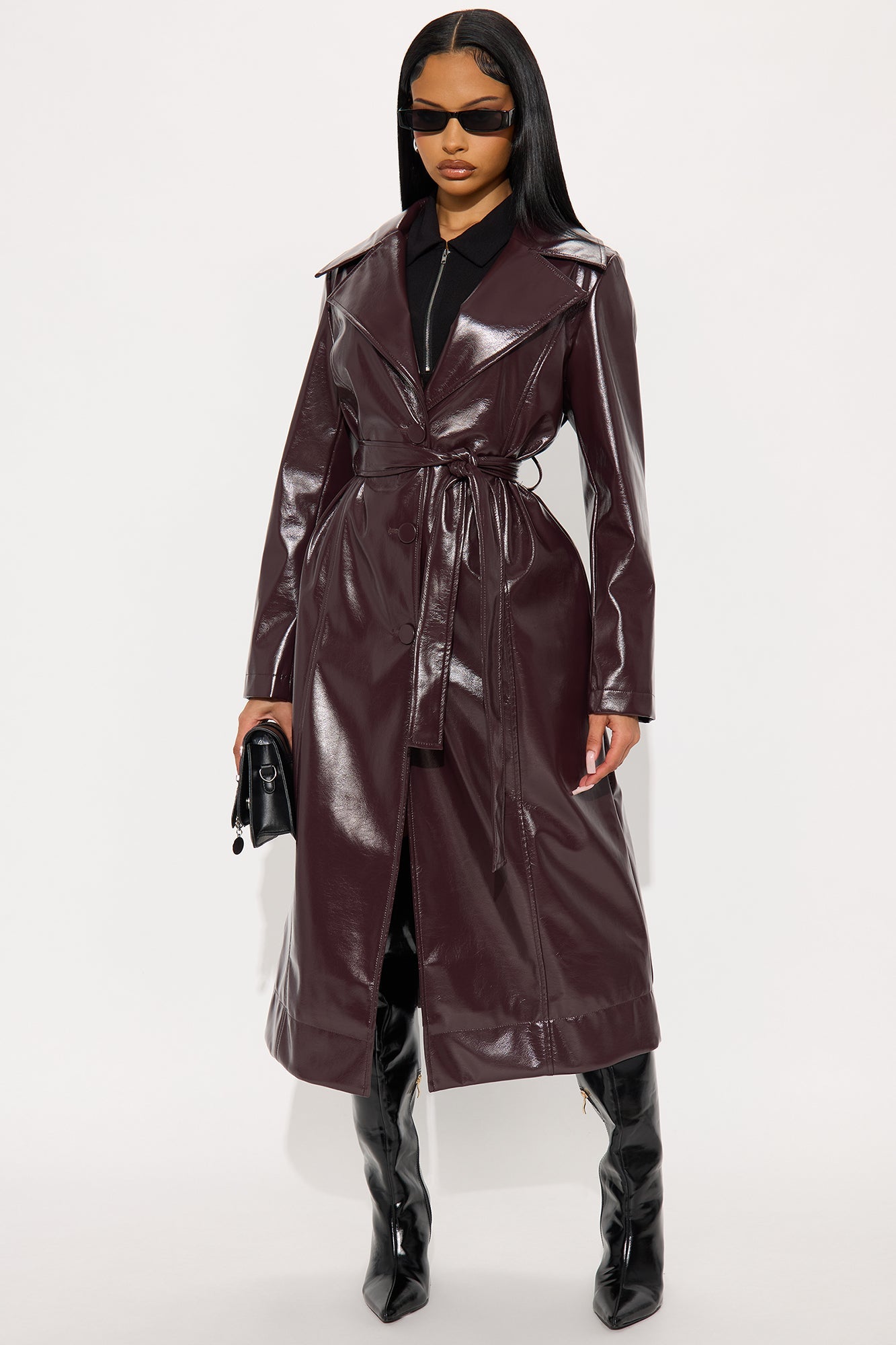 Kelis Faux Leather Trench Coat - Burgundy