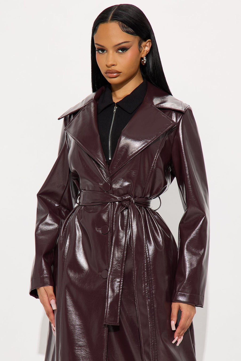 Kelis Faux Leather Trench Coat - Burgundy