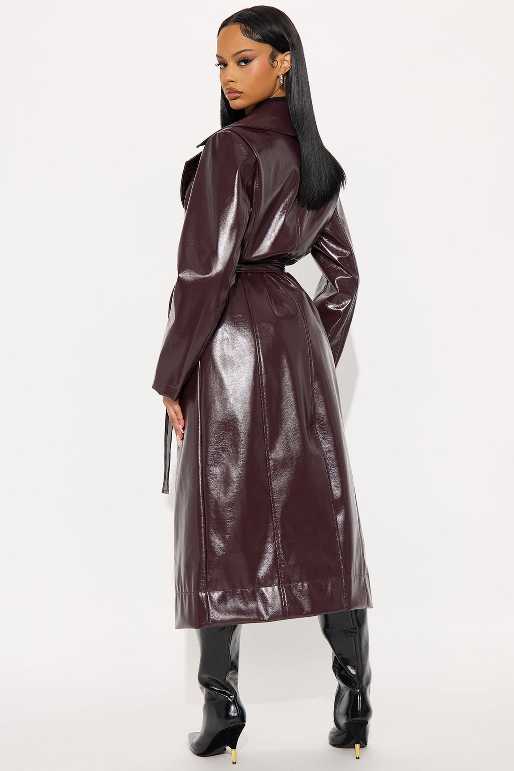 Kelis Faux Leather Trench Coat - Burgundy
