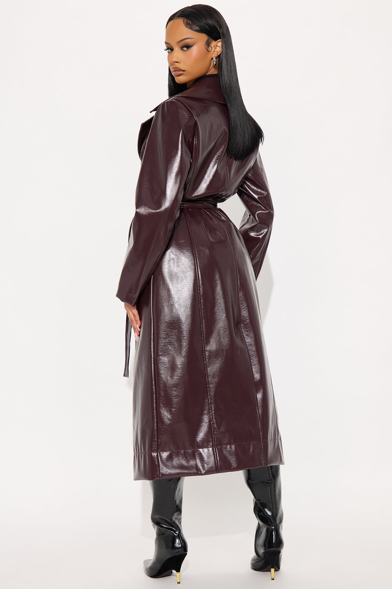 Kelis Faux Leather Trench Coat - Burgundy
