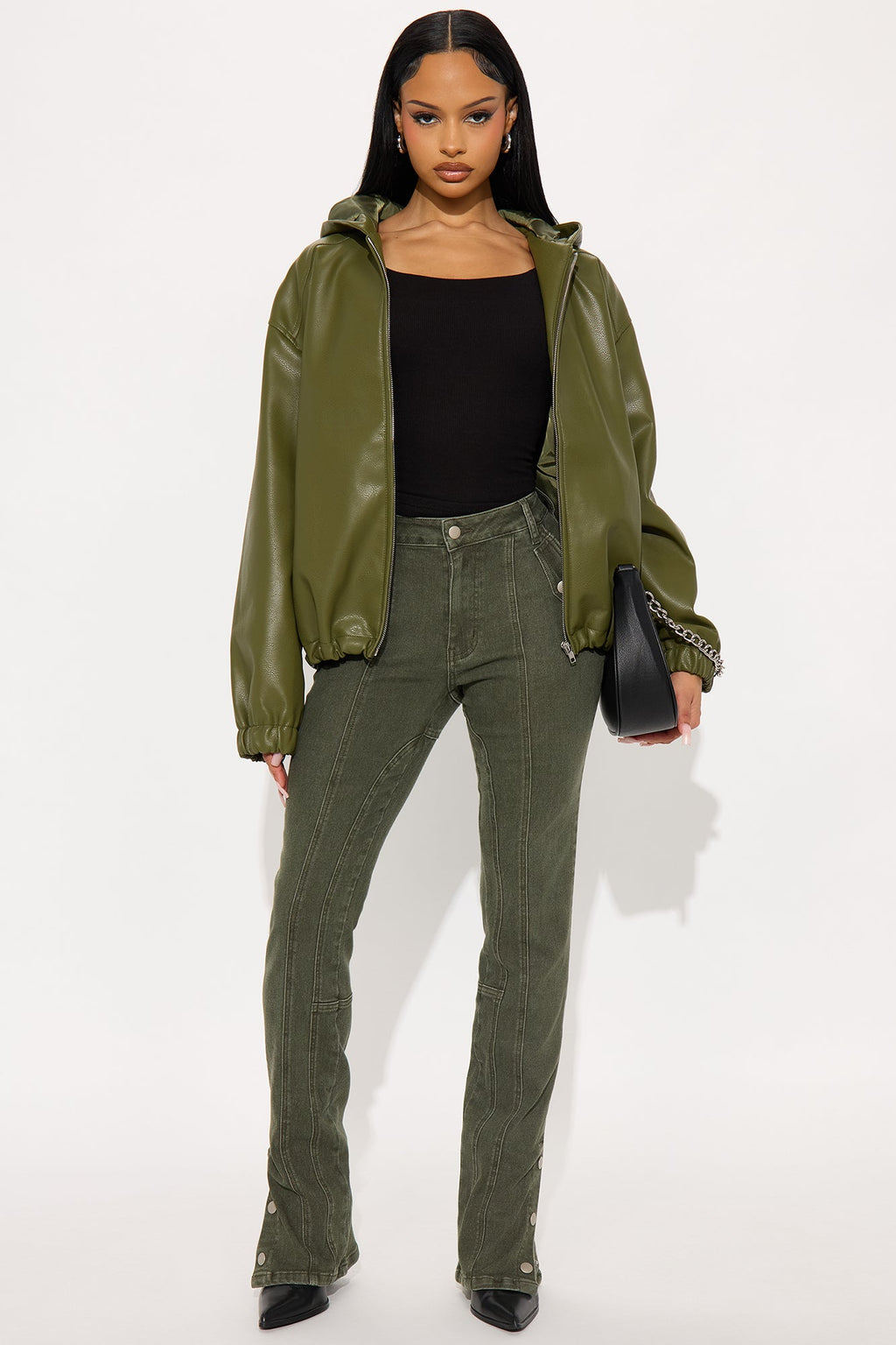 The Hottest Topic Faux Leather Oversized Bomber Jacket - Dark Olive