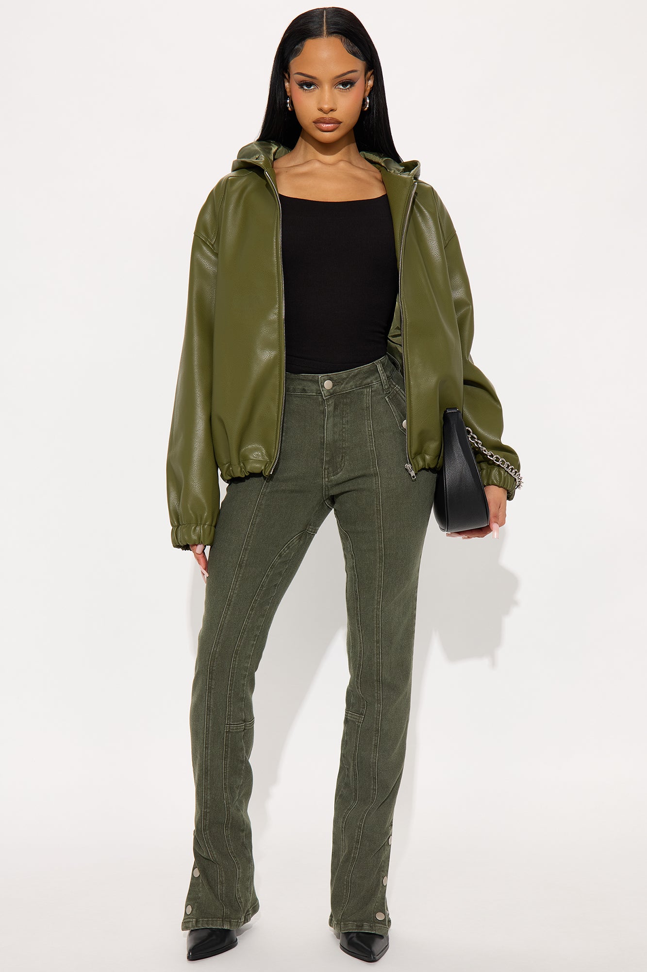 The Hottest Topic Faux Leather Oversized Bomber Jacket - Dark Olive
