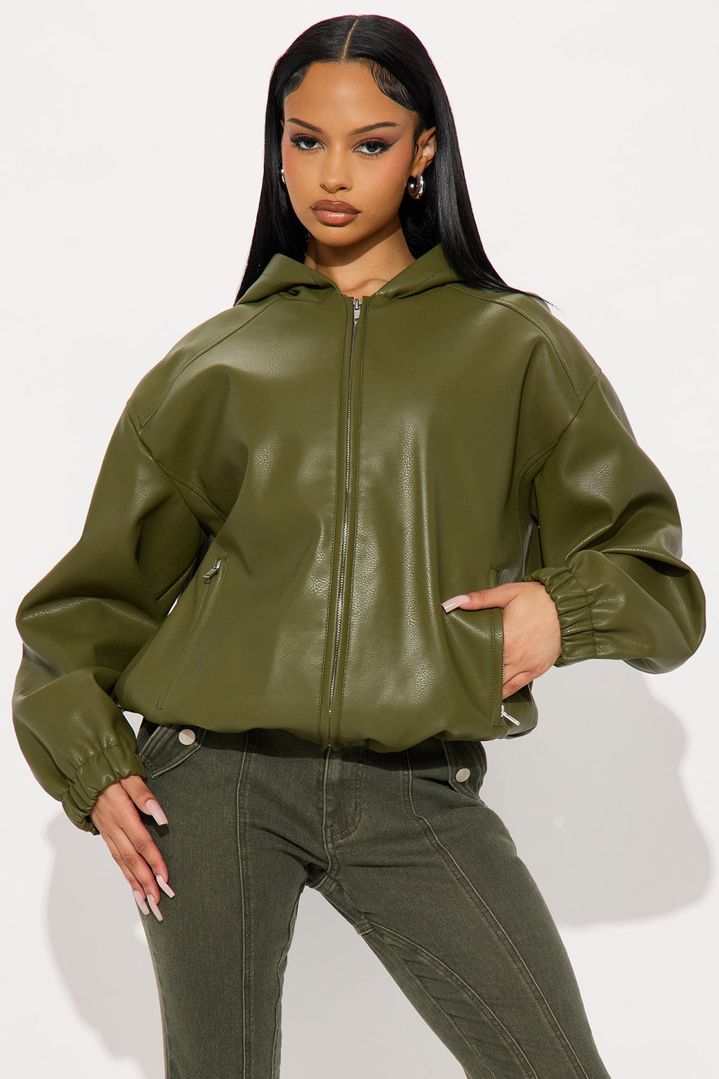 The Hottest Topic Faux Leather Oversized Bomber Jacket - Dark Olive