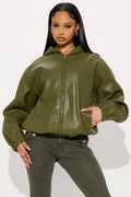 The Hottest Topic Faux Leather Oversized Bomber Jacket - Dark Olive