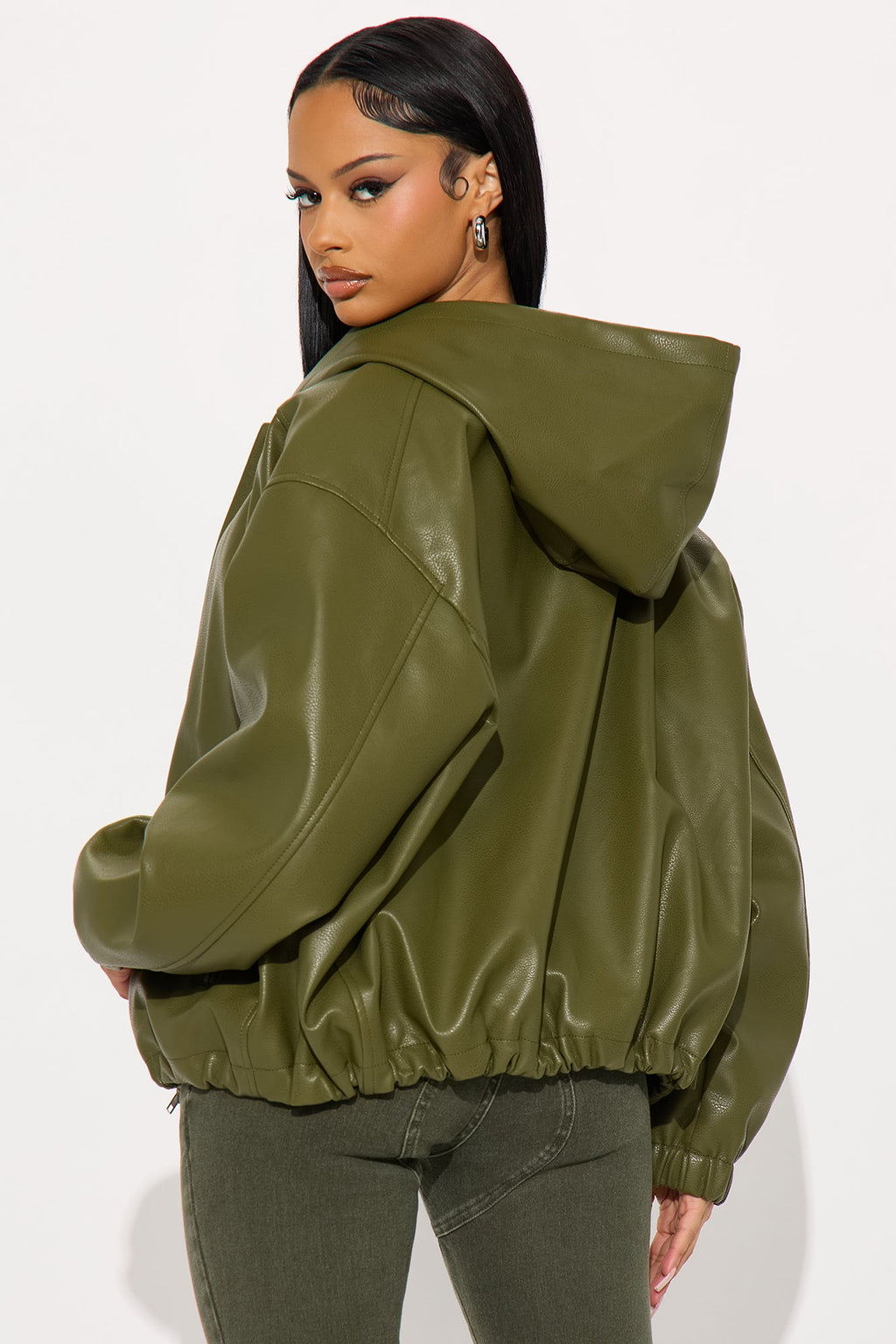 The Hottest Topic Faux Leather Oversized Bomber Jacket - Dark Olive