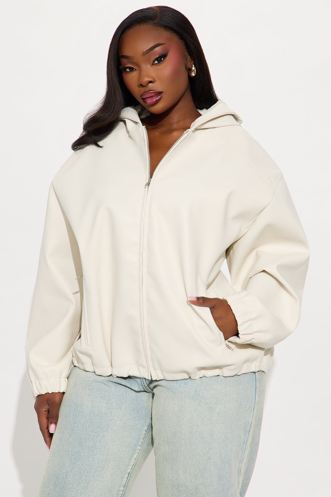 The Hottest Topic Faux Leather Oversized Bomber Jacket - Stone