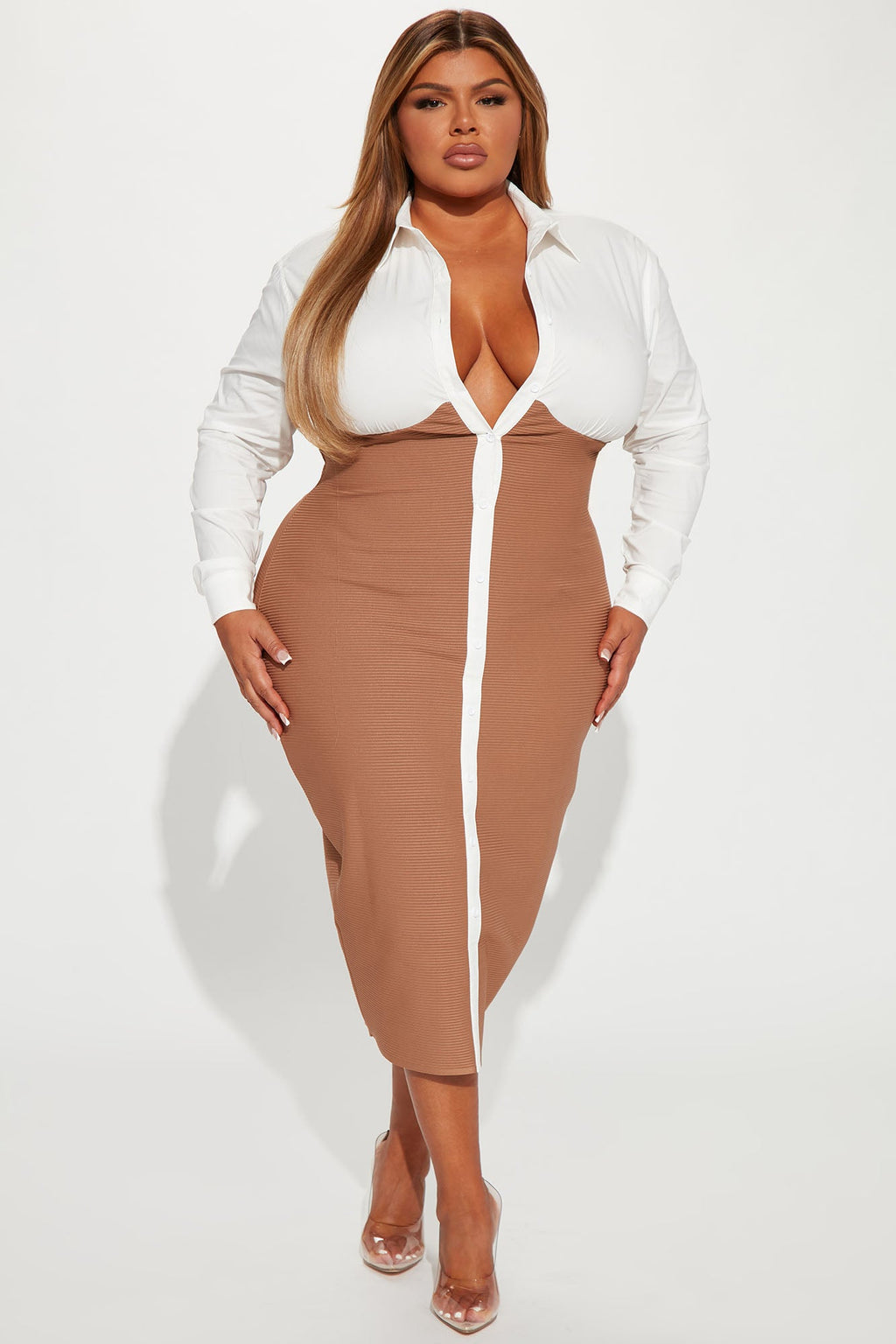 Let's Get Serious Midi Shirt Dress - White/combo