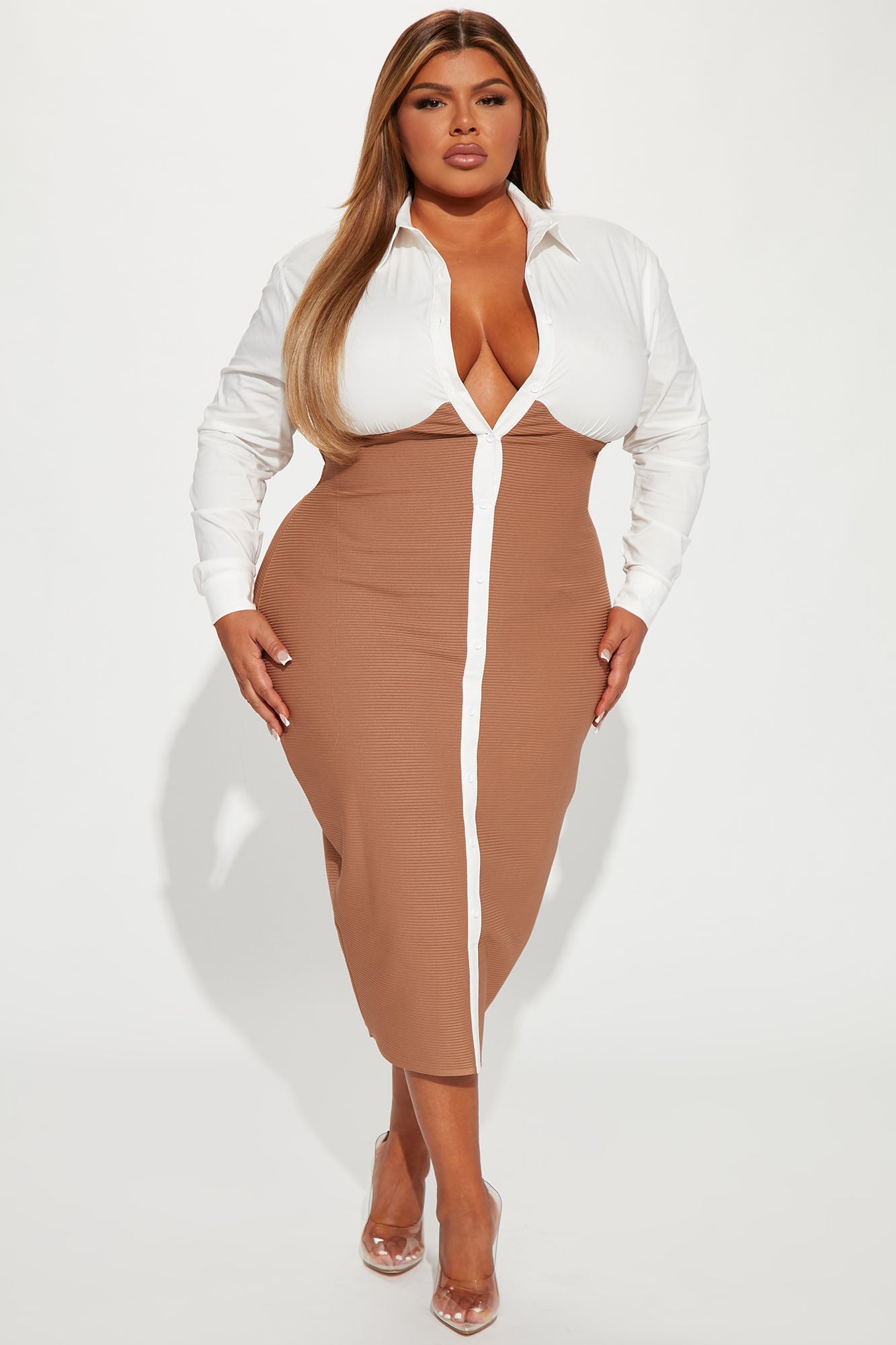 Let's Get Serious Midi Shirt Dress - White/combo