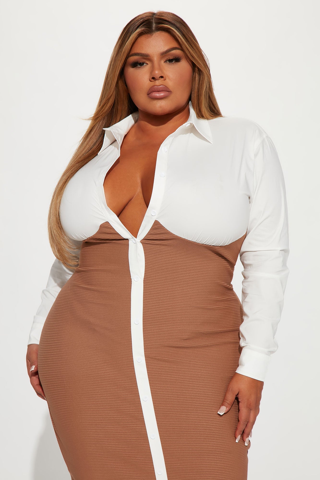 Let's Get Serious Midi Shirt Dress - White/combo