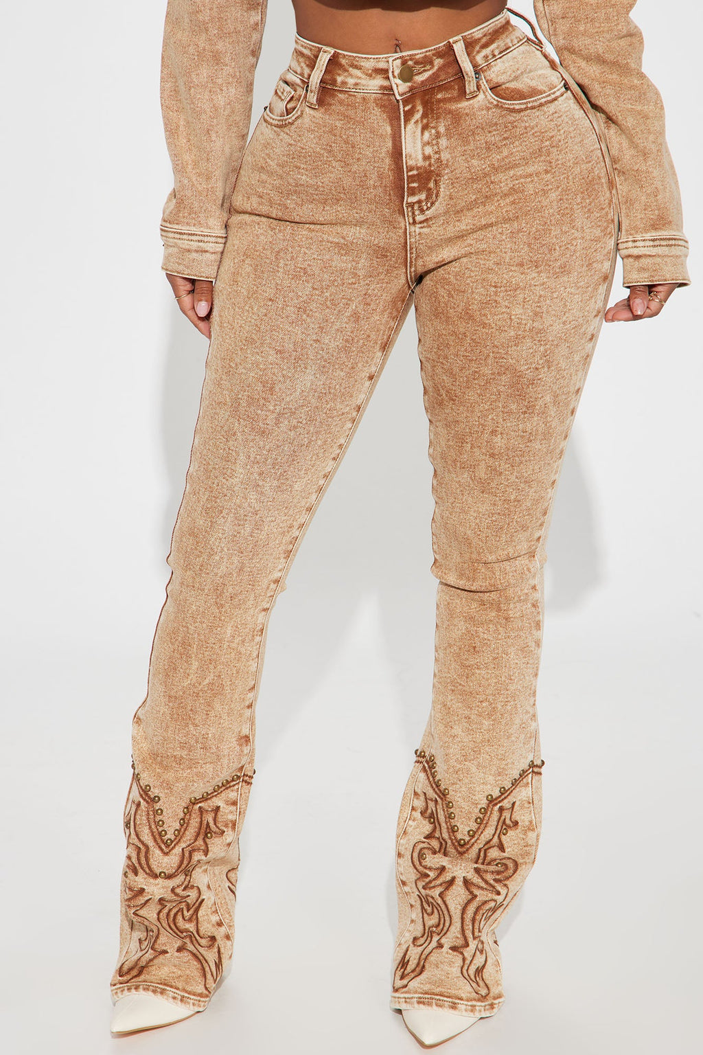 Letting It Ride Stretch Embellished Flare Jeans - Brown