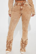 Letting It Ride Stretch Embellished Flare Jeans - Brown