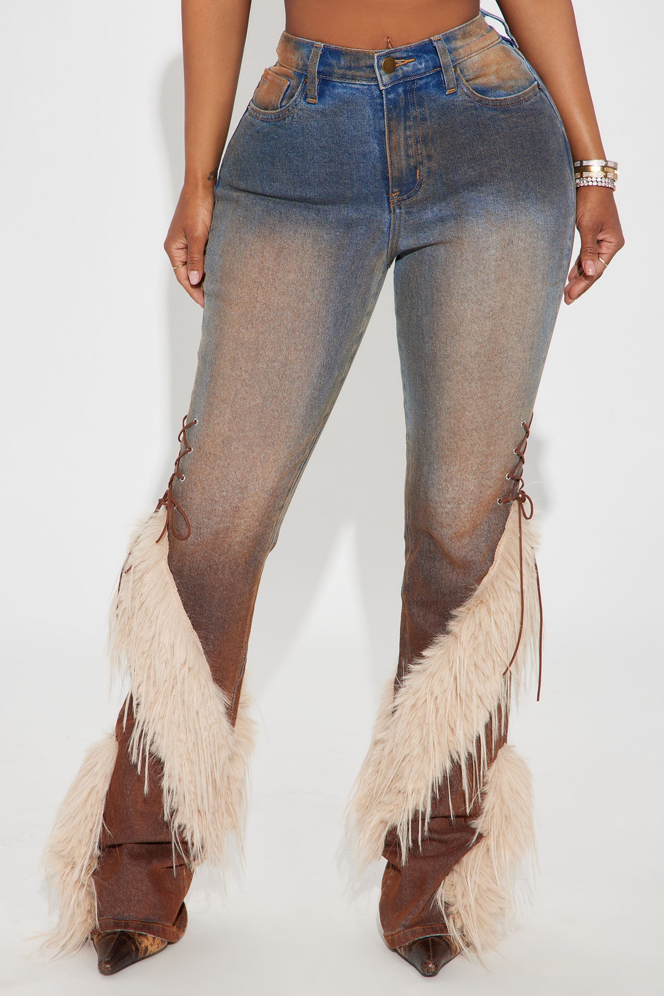 Current Mood Lace Up Faux Fur Bootcut Jeans - Medium Wash