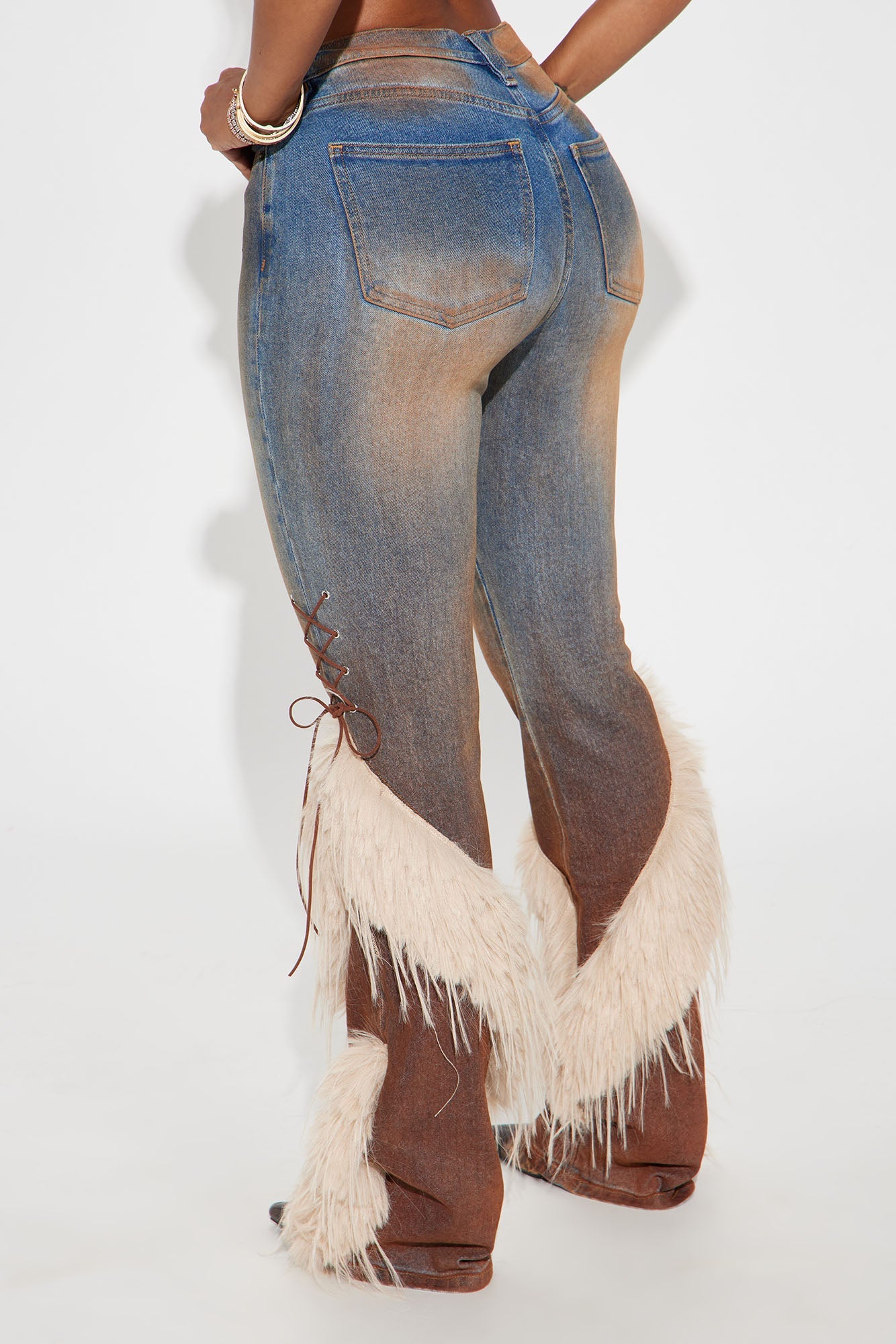 Current Mood Lace Up Faux Fur Bootcut Jeans - Medium Wash