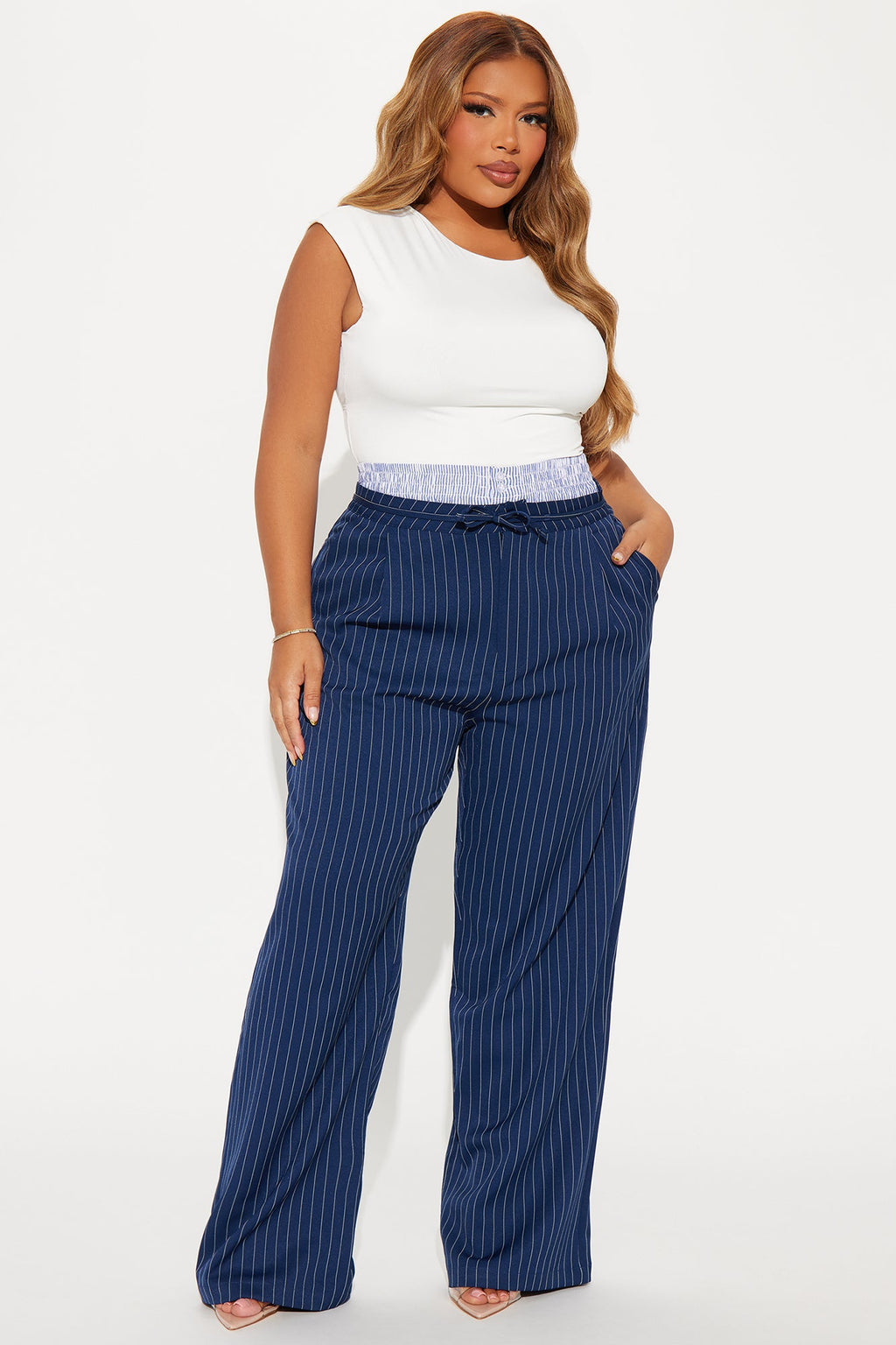 Nathalie Double Waistband Pinstripe Trouser - Navy/combo