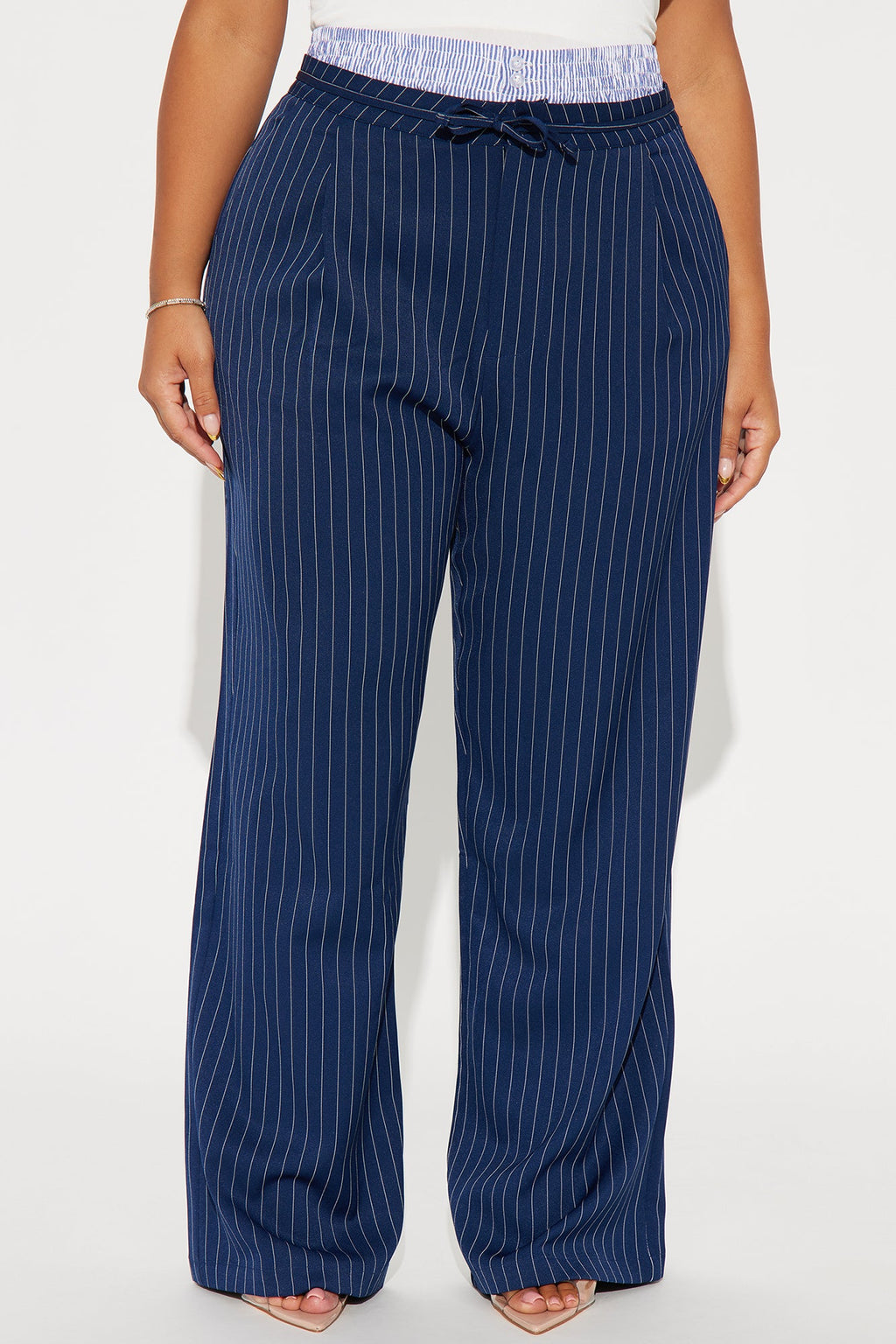 Nathalie Double Waistband Pinstripe Trouser - Navy/combo
