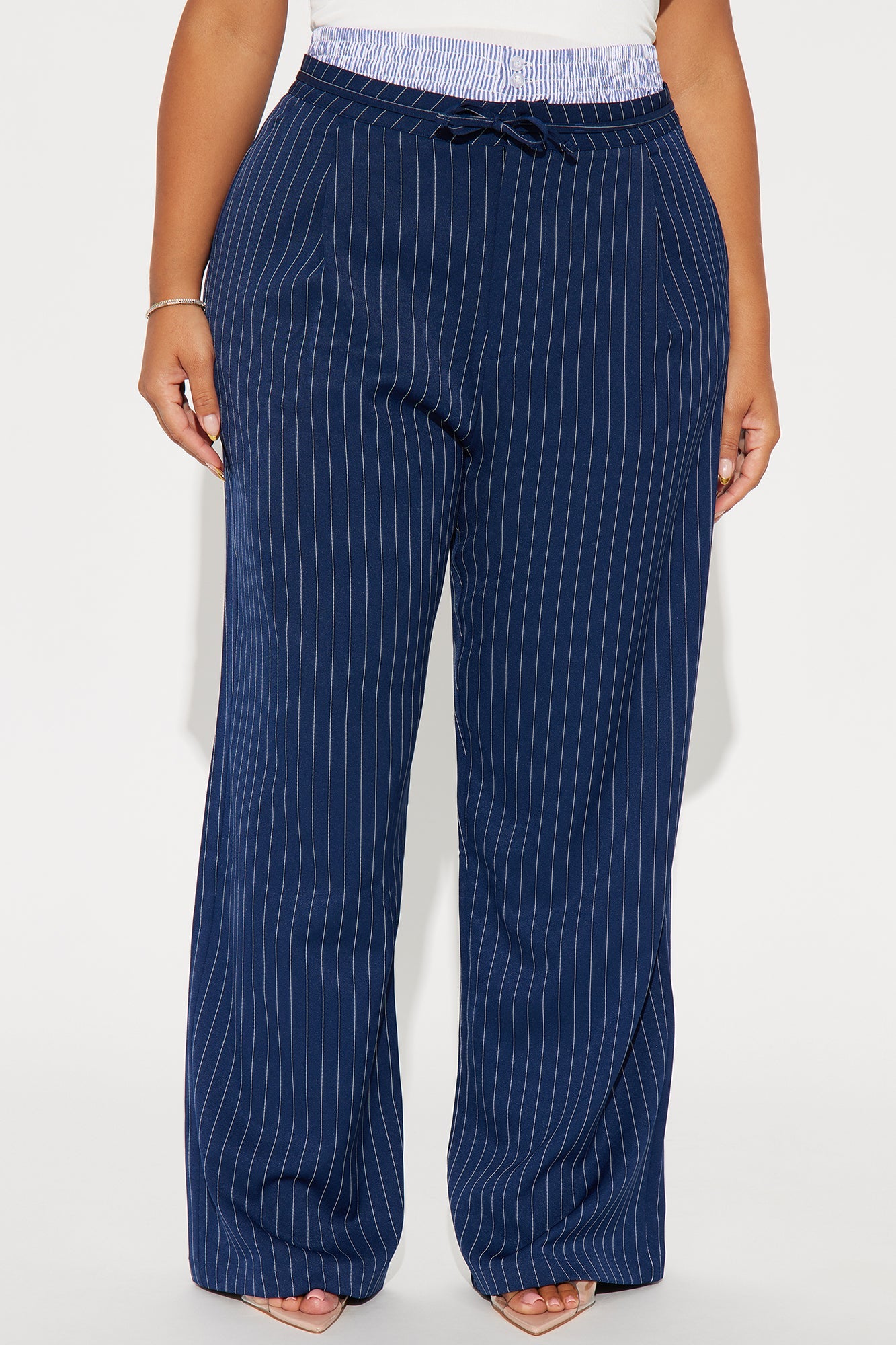 Nathalie Double Waistband Pinstripe Trouser - Navy/combo