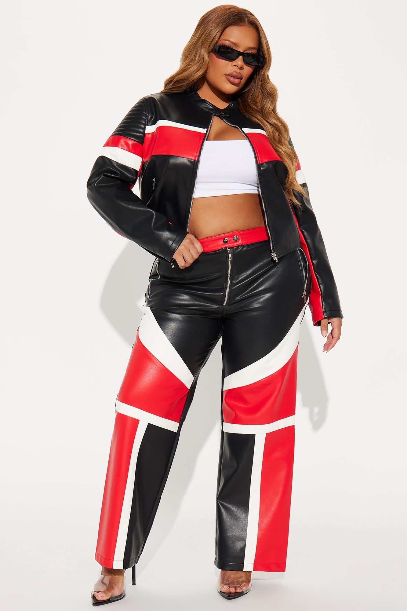 Going Fast Racer Faux Leather Pant Set - Red/Black