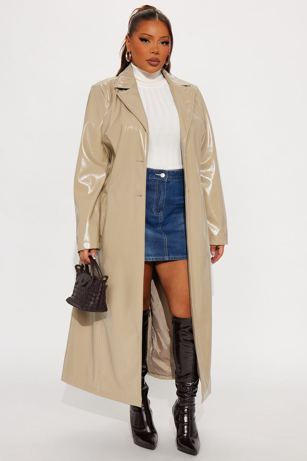 Hold My Own Faux Patent Leather Coat - Taupe