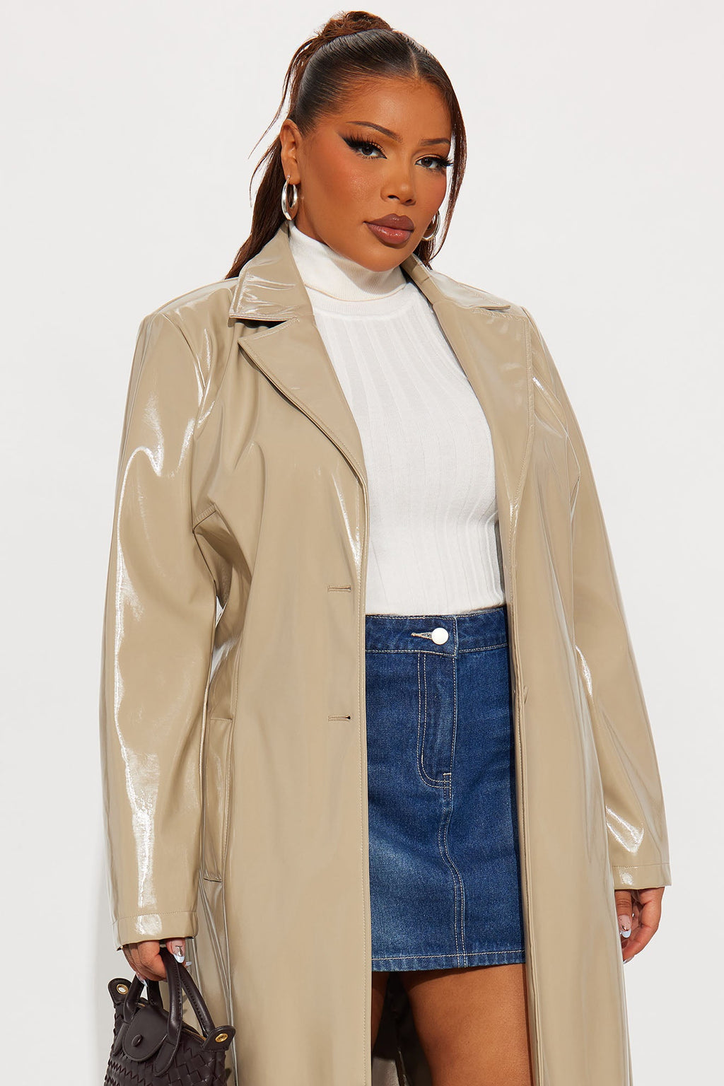 Hold My Own Faux Patent Leather Coat - Taupe