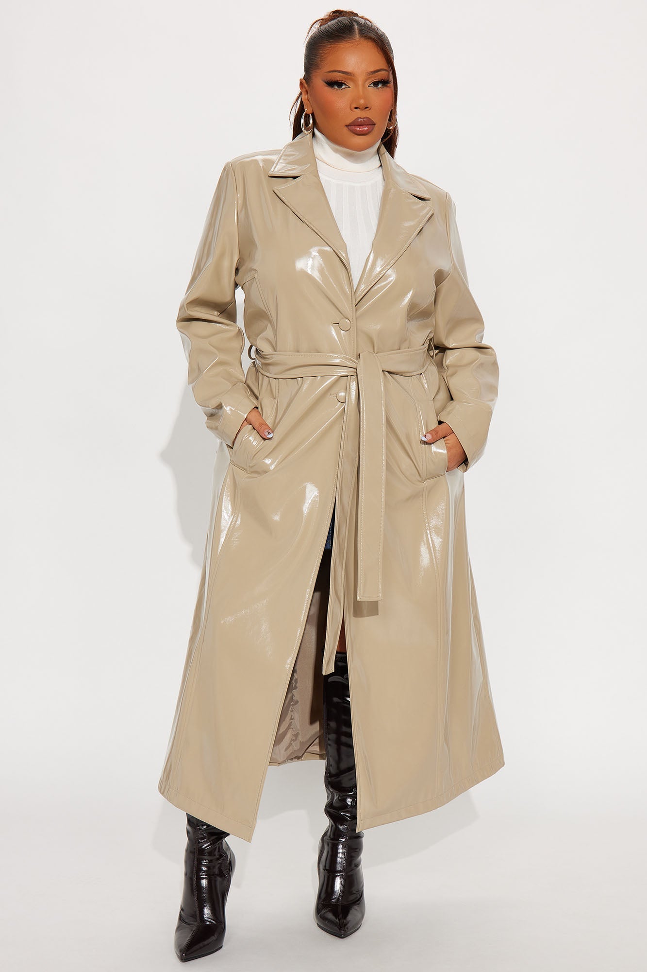 Hold My Own Faux Patent Leather Coat - Taupe