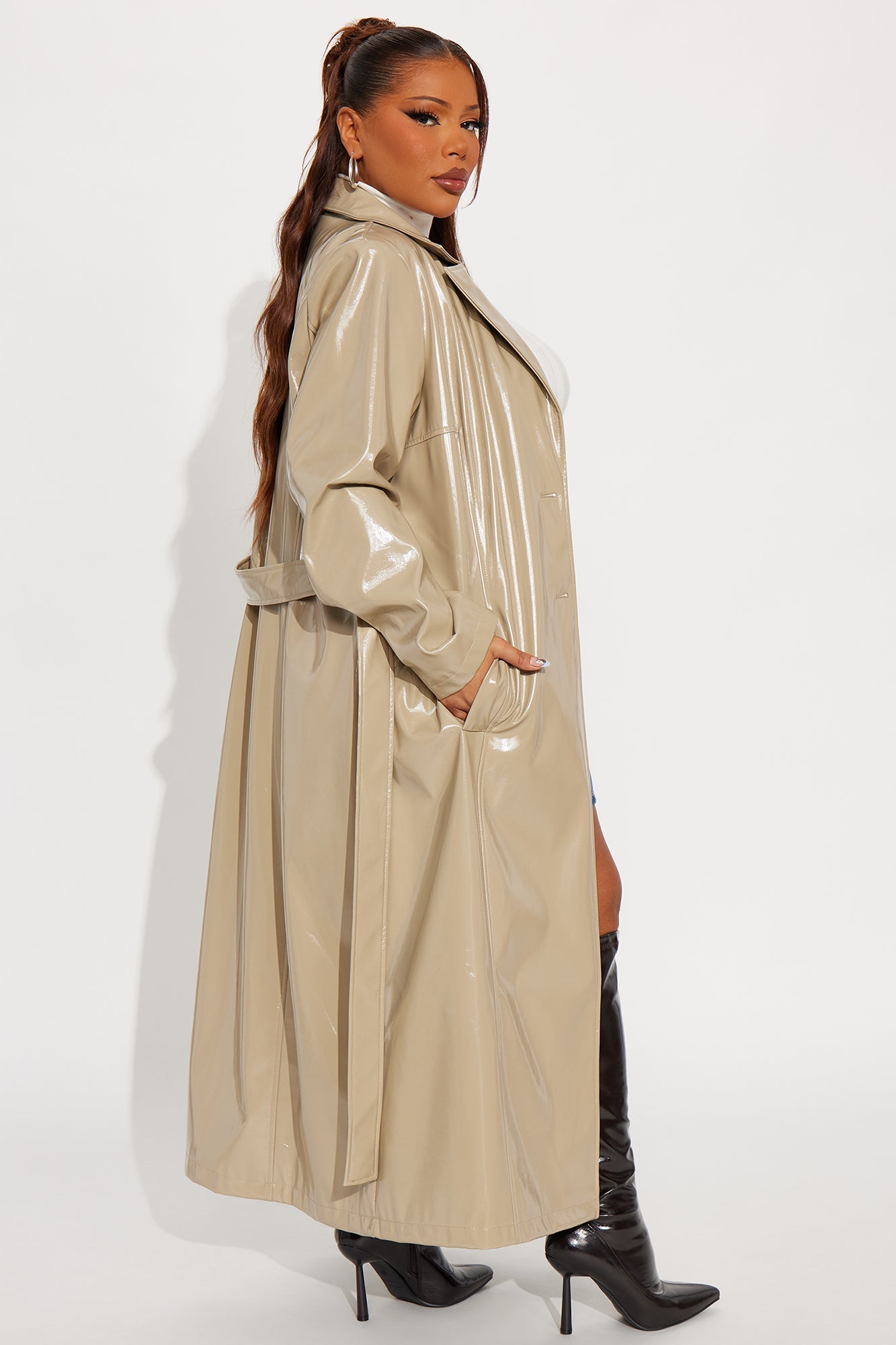 Hold My Own Faux Patent Leather Coat - Taupe