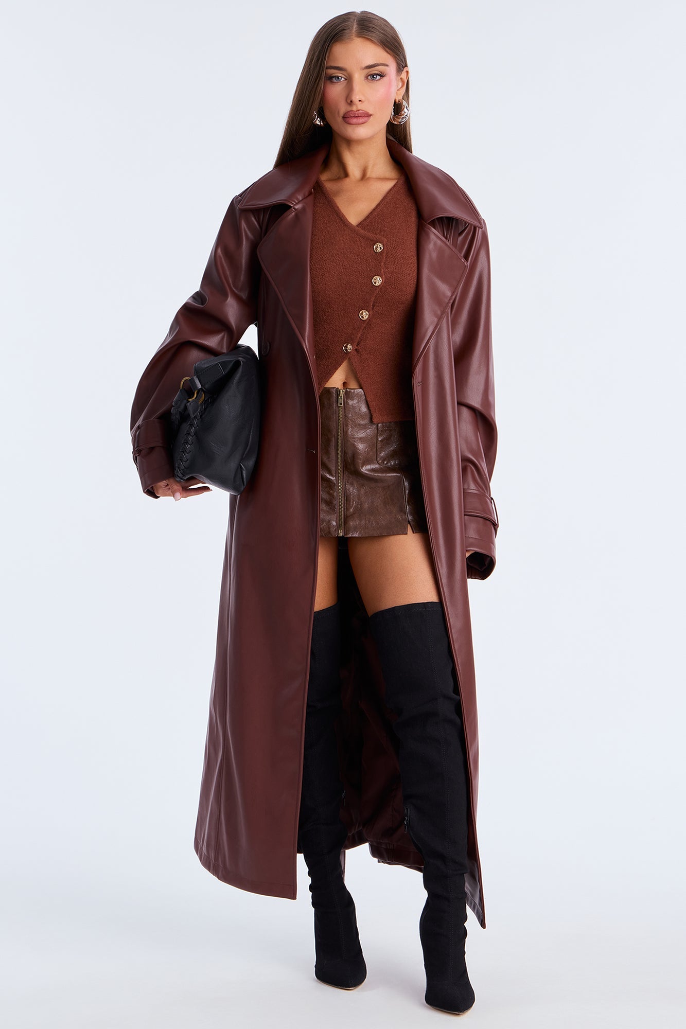 Power Moves Faux Leather Trench - Chocolate