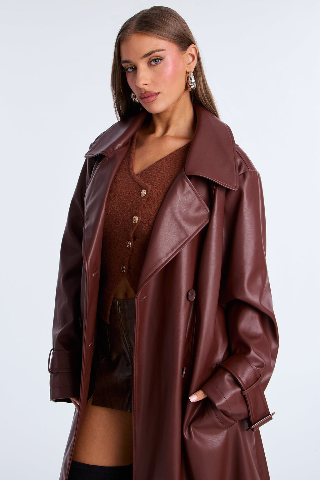 Power Moves Faux Leather Trench - Chocolate