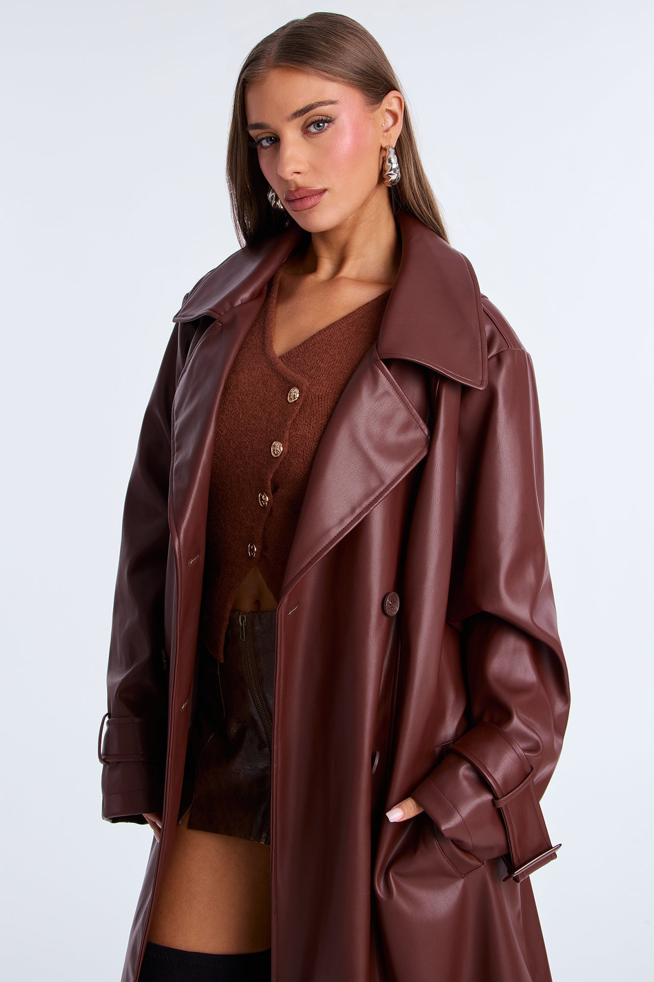Power Moves Faux Leather Trench - Chocolate