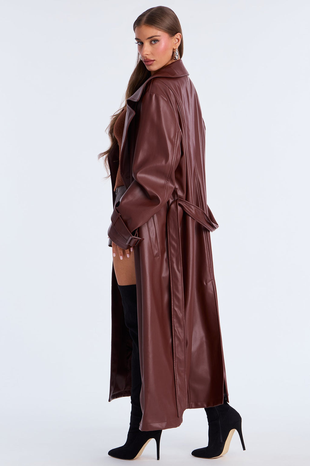 Power Moves Faux Leather Trench - Chocolate