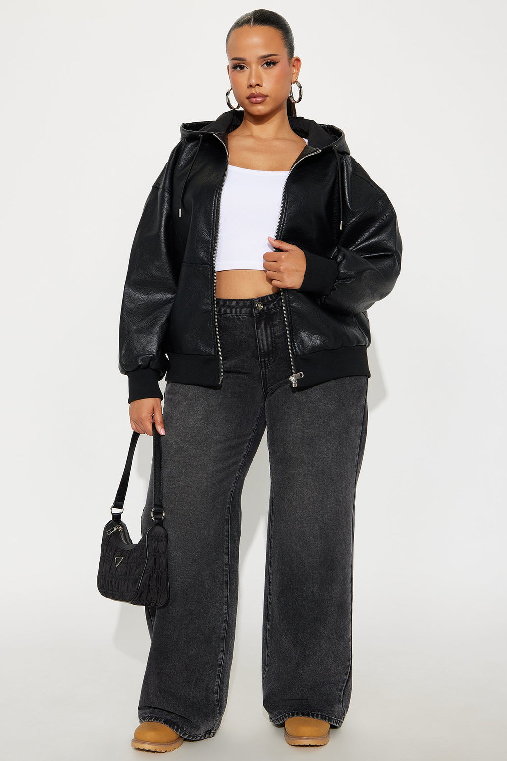 Alix Faux Leather Oversized Bomber Jacket - Black