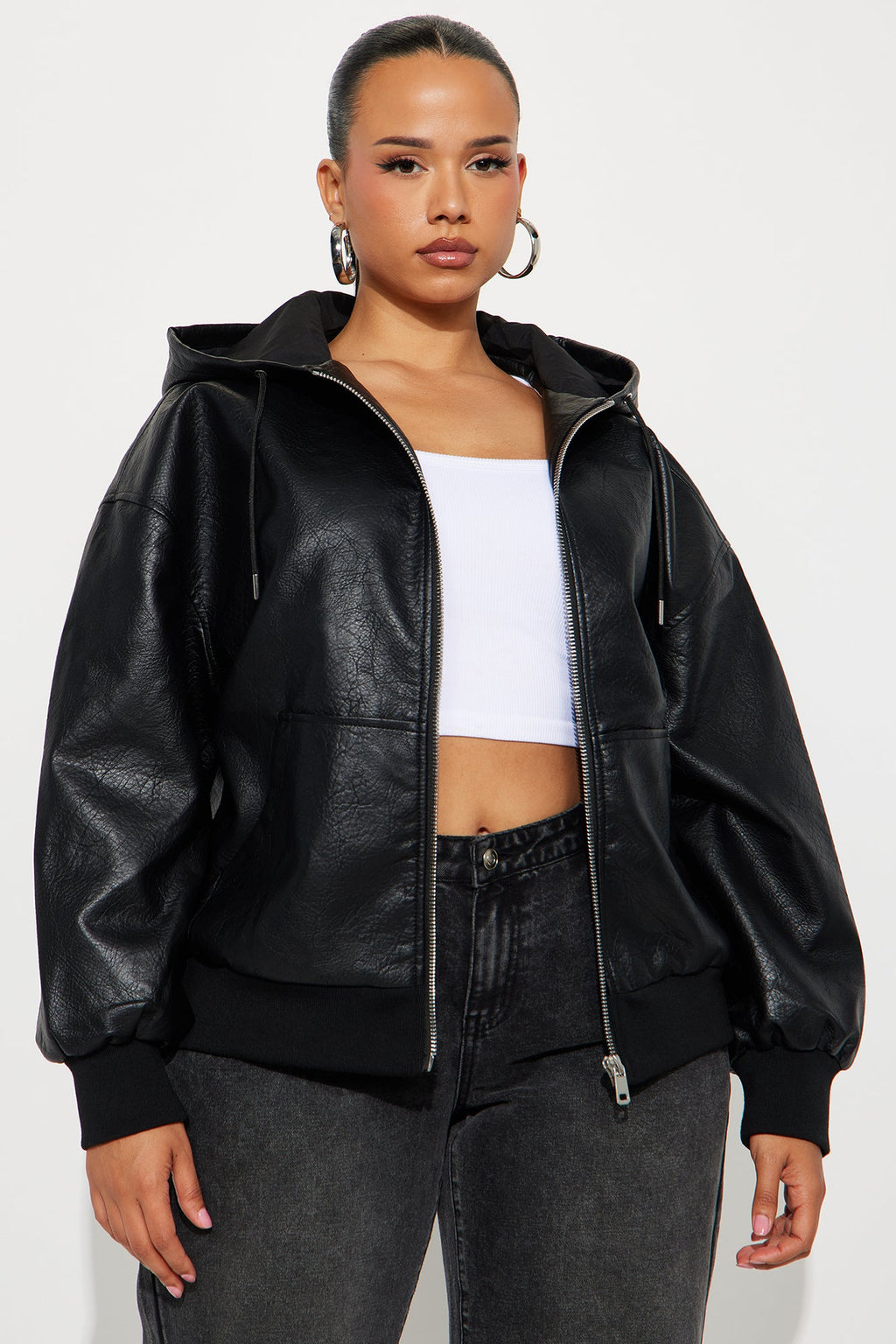 Alix Faux Leather Oversized Bomber Jacket - Black