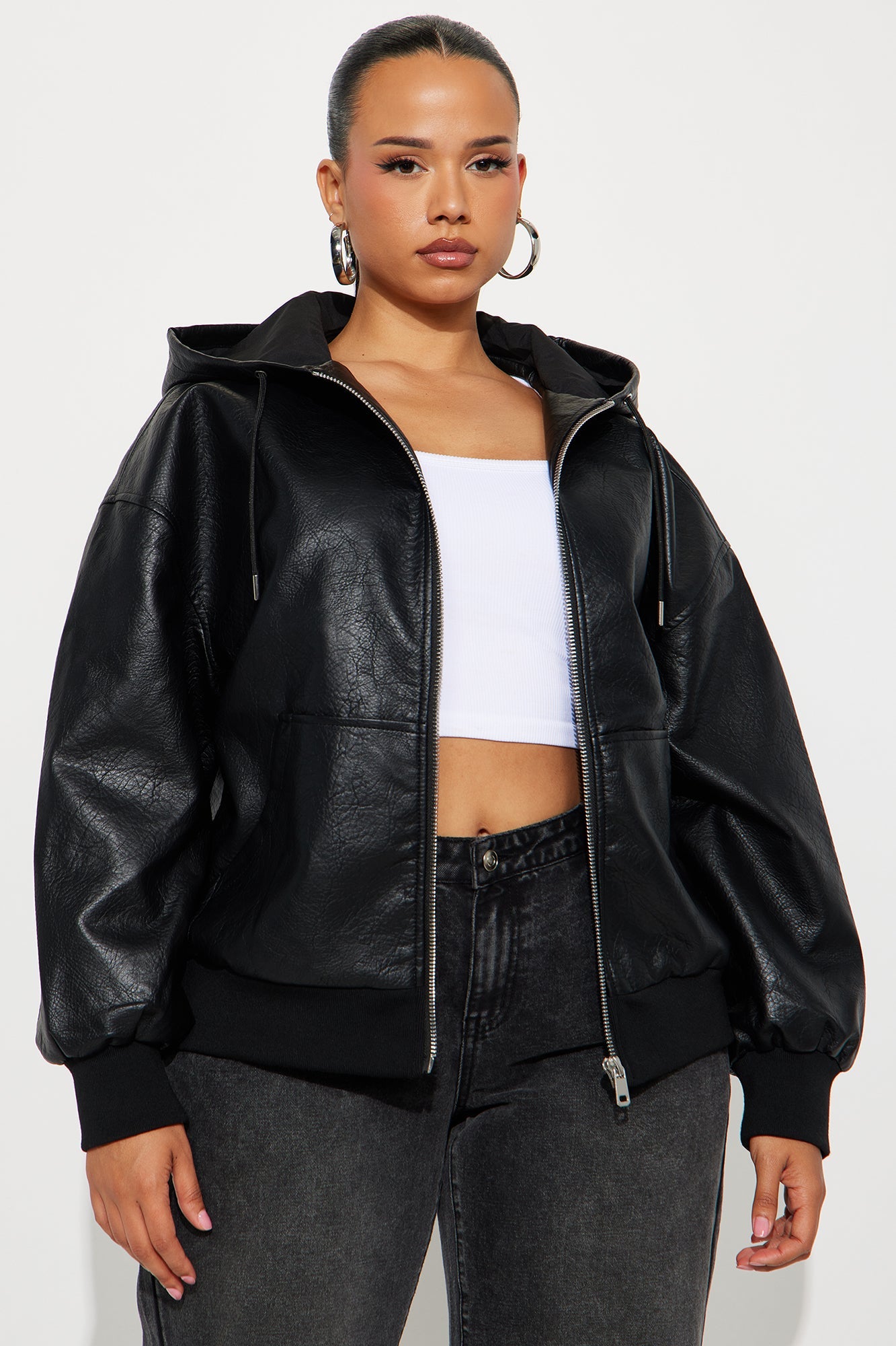 Alix Faux Leather Oversized Bomber Jacket - Black