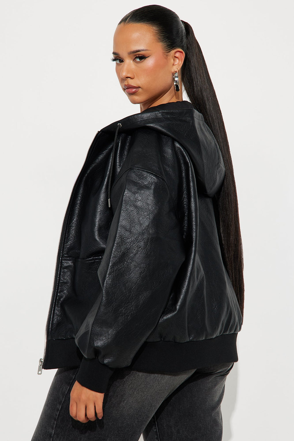 Alix Faux Leather Oversized Bomber Jacket - Black