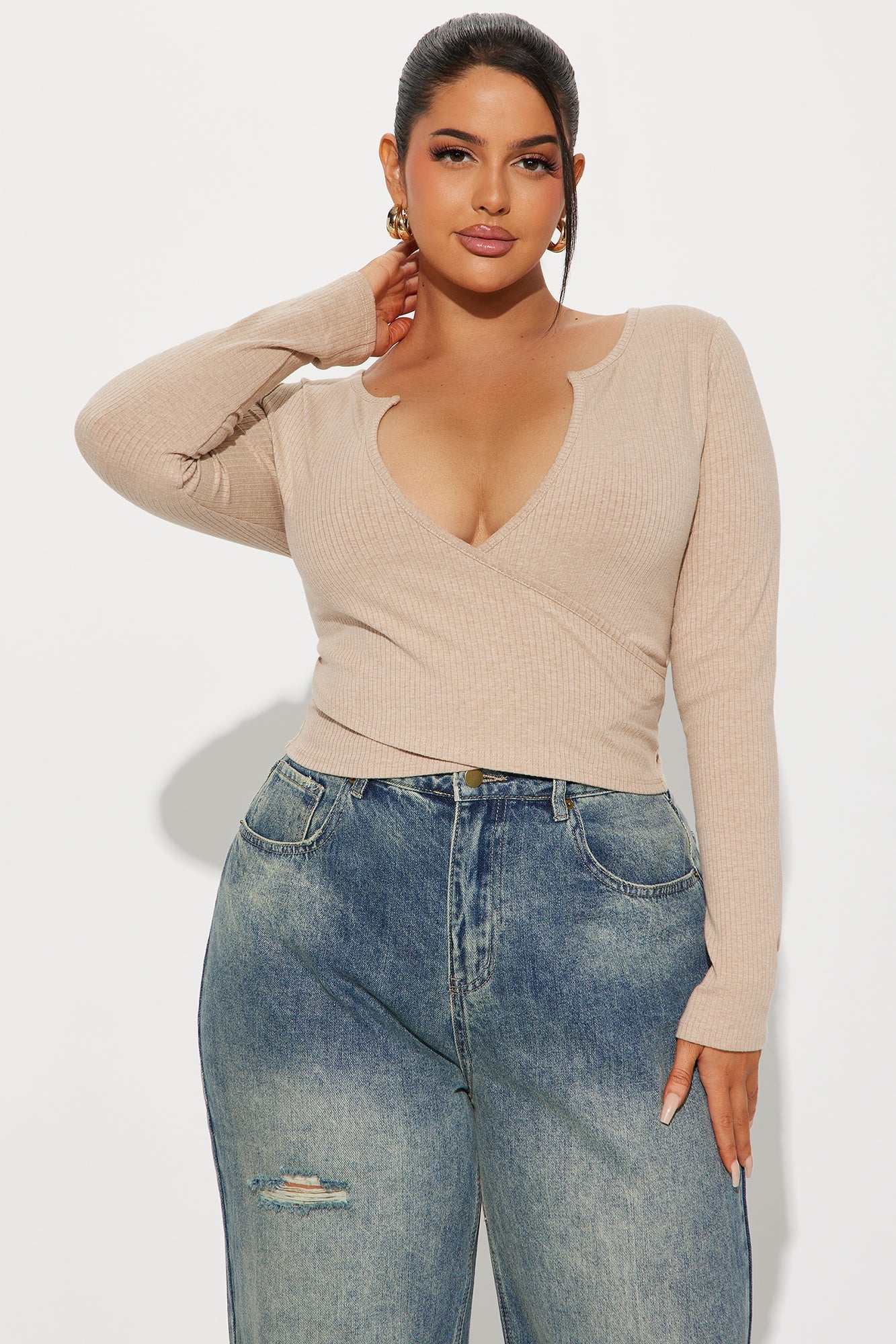 Katrina Long Sleeve Crop Top - Taupe