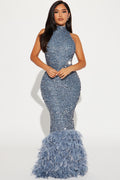 Zoey Feathered Sequin Gown - Grey